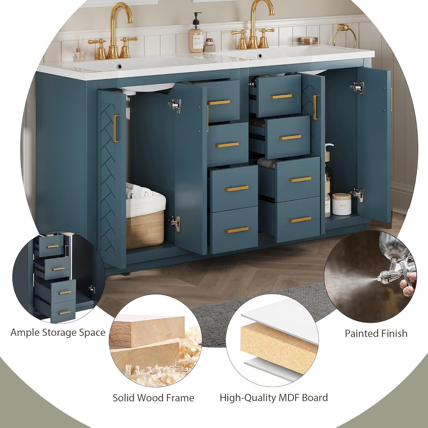 60 Inch Blue Bathroom Vanity with Double Sink,Modern Double Sink Vanity with 6 Drawers & 2 Spacious Cabinets,Soft Closing Doors with Gold Handles,Solid Wood Frame,Herringbone Front(2*30 Inch)