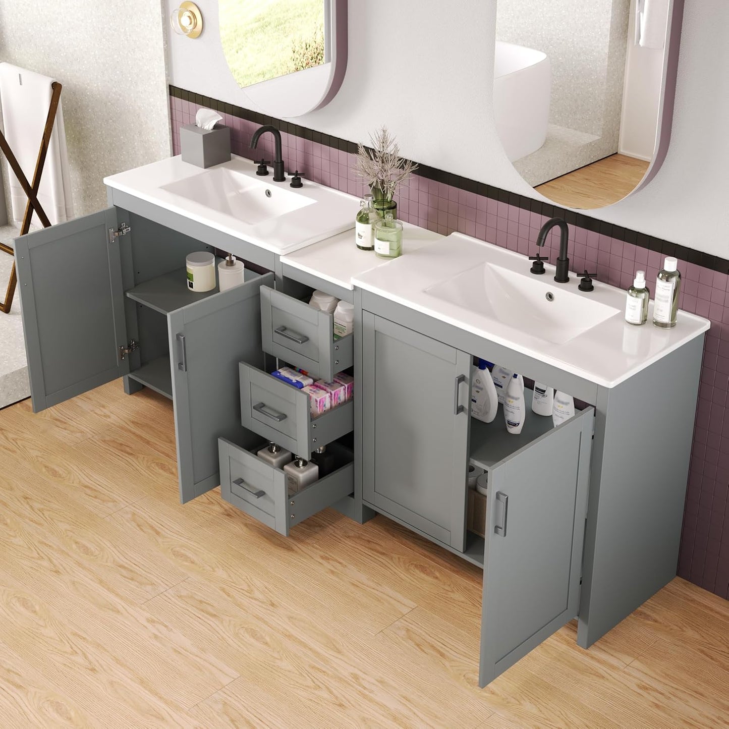 84 Inch Bathroom Vanity with Double Sink,Large Double Sink Vanities with 3 Drawers Storage Cabinet,Intergrated Ceramic & Middle Quartz Countertop,Adjustable Shelves,Soft Close Hinges,Grey,6004G