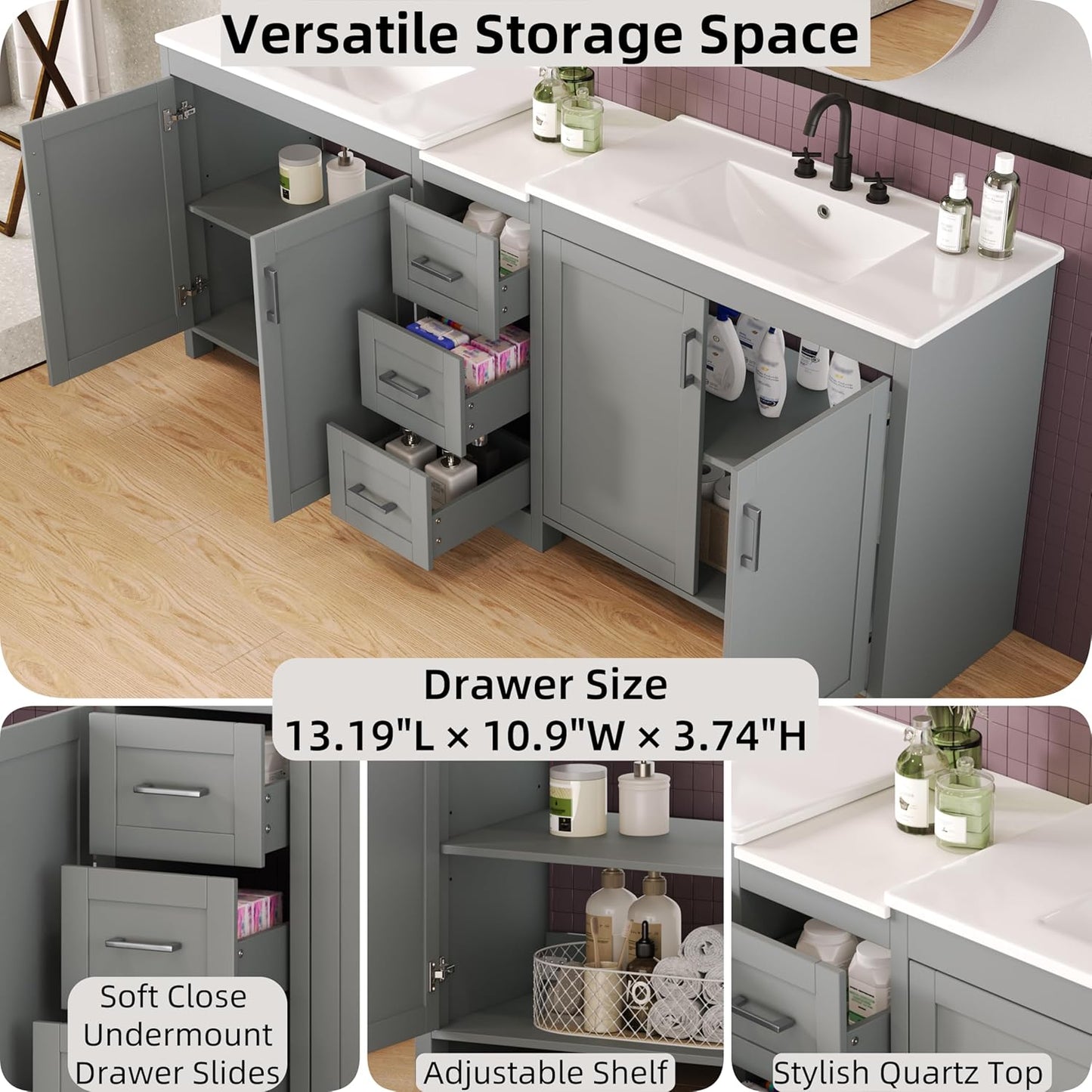 84 Inch Bathroom Vanity with Double Sink,Large Double Sink Vanities with 3 Drawers Storage Cabinet,Intergrated Ceramic & Middle Quartz Countertop,Adjustable Shelves,Soft Close Hinges,Grey,6004G