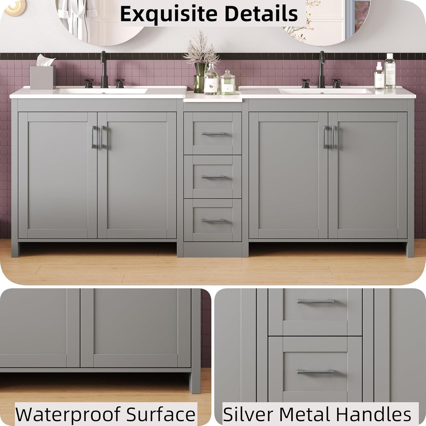 84 Inch Bathroom Vanity with Double Sink,Large Double Sink Vanities with 3 Drawers Storage Cabinet,Intergrated Ceramic & Middle Quartz Countertop,Adjustable Shelves,Soft Close Hinges,Grey,6004G