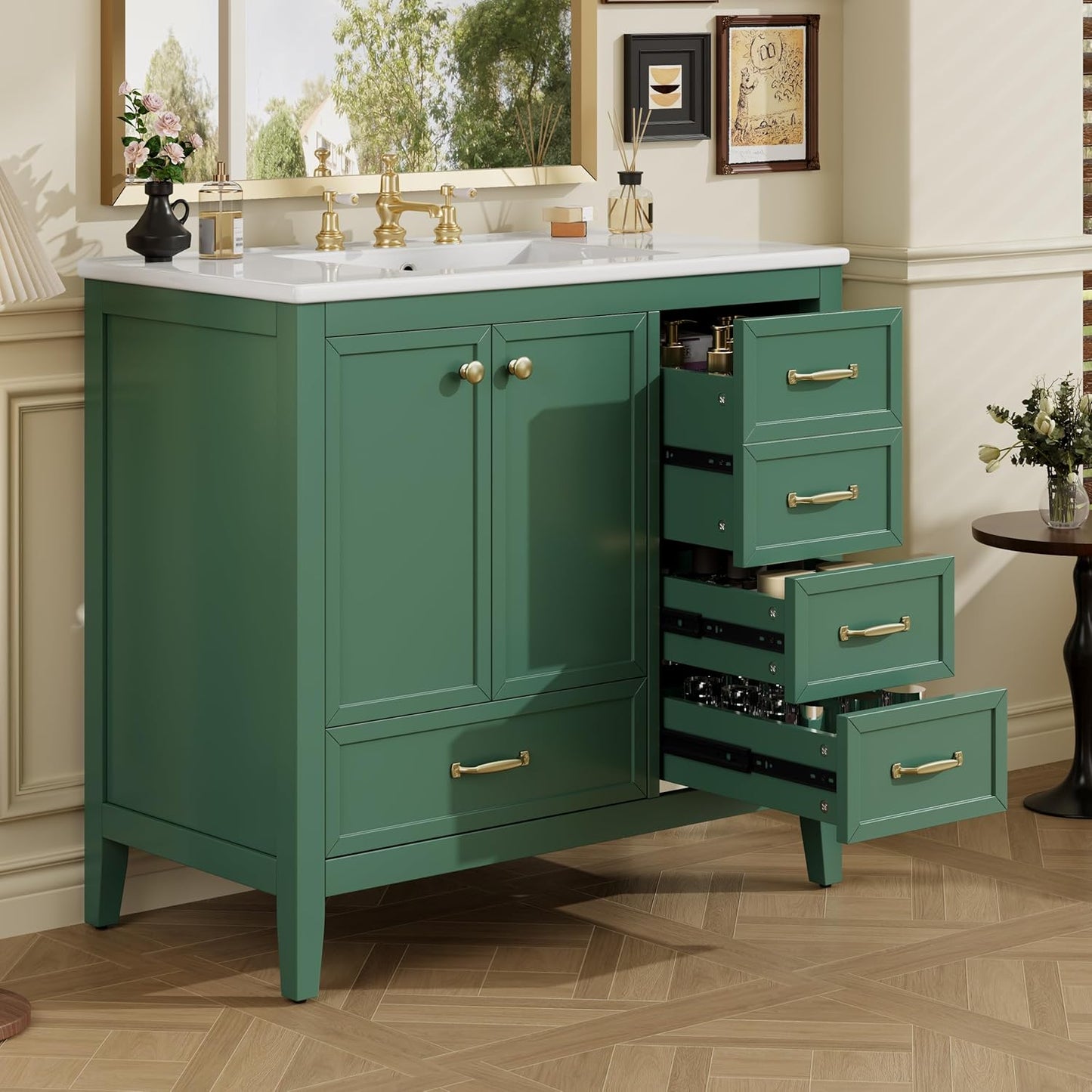 36" Bathroom Vanity with Sink,Freestanding Single Storage Cabinet with Soft-Closing Door and 4 Drawers,Bathroom Vanities w/Solid Wood Frame and Leg,Easy Assembly,Blue