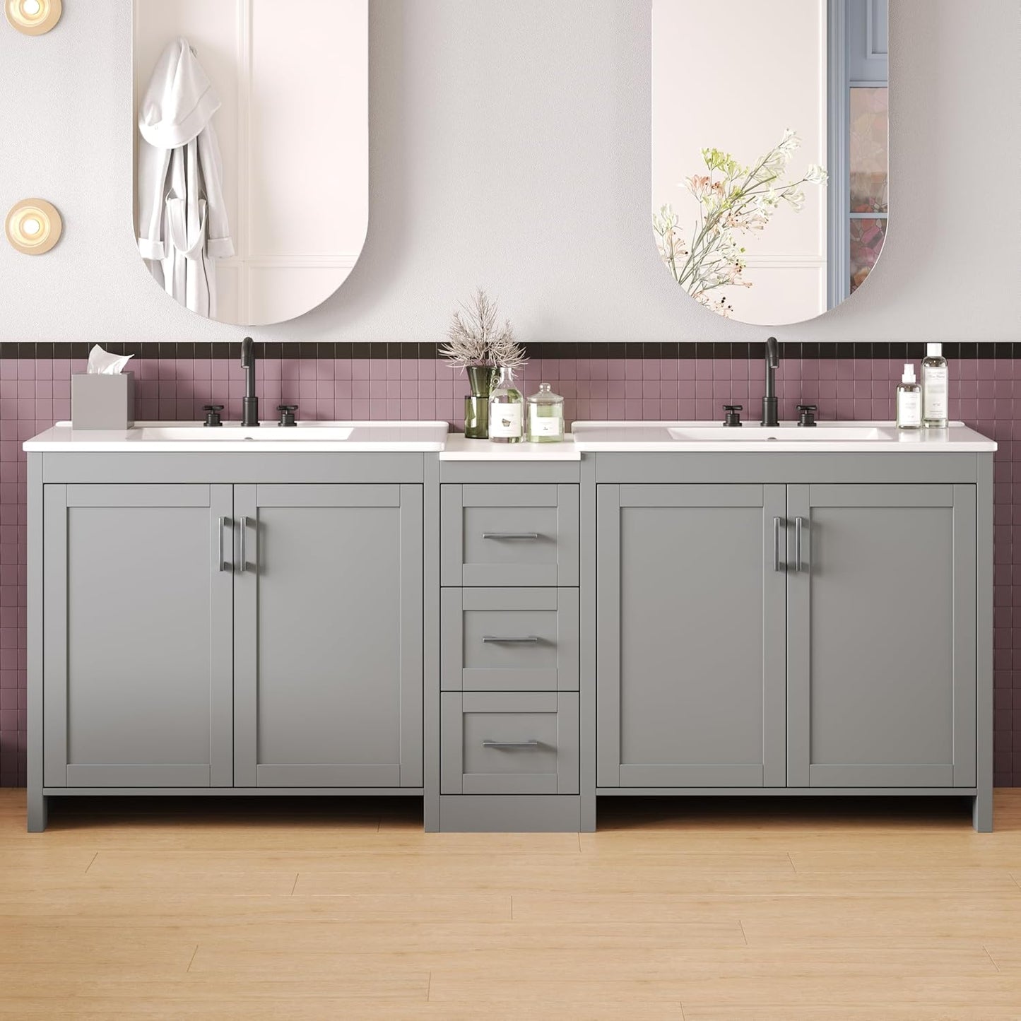 84 Inch Bathroom Vanity with Double Sink,Large Double Sink Vanities with 3 Drawers Storage Cabinet,Intergrated Ceramic & Middle Quartz Countertop,Adjustable Shelves,Soft Close Hinges,Grey,6004G