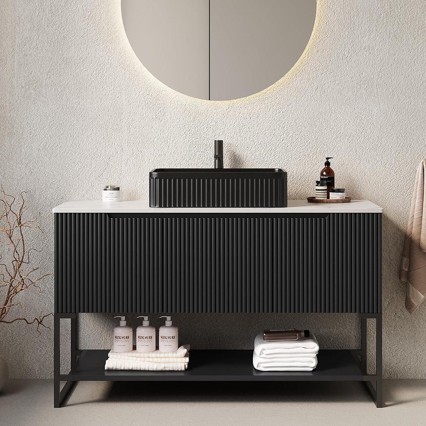 48" Black Bathroom Vanity with Sink, Freestanding Modern Bathroom Vanity with 3 Doors and Open Shelf, Black Rectangular Ceramic Basin and White Sintered Stone Counter Top
