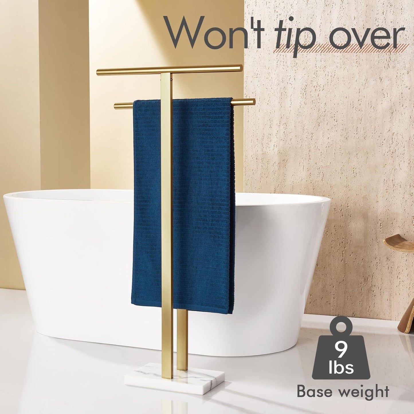 KOKOSIRI Standing Towel Rack for Bathroom Floor 2-Tier Towel Holder Free Stand with Heavy Marble Base Thicken Steady Design Gold Stainless Steel THS0005-BG