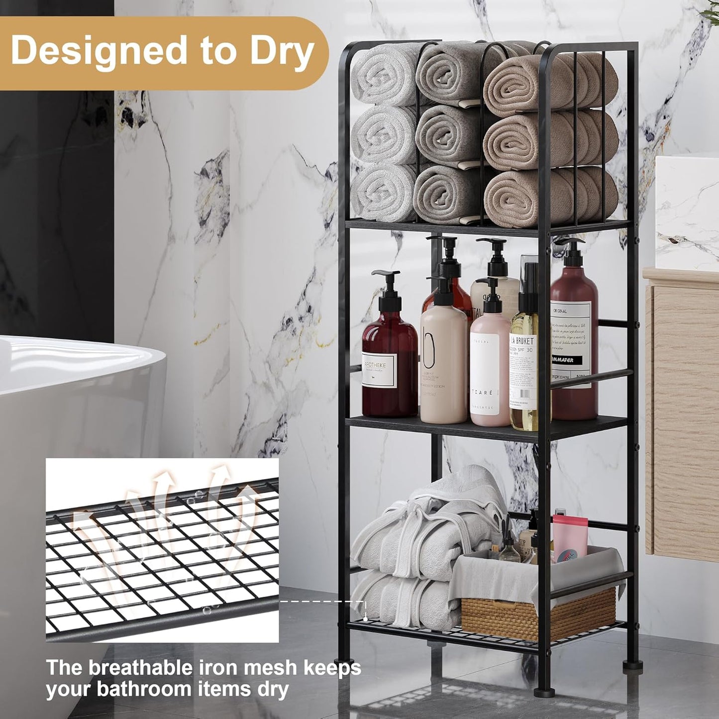 Towel Rack Free Standing 3-Tier M-Shaped Detachable Dividers, Durable Metal Holder, Pool Towel Rack, Space-Saving Towel Storage Organizer, Modern Bath Towel Shelf for Home, Poolside, Black