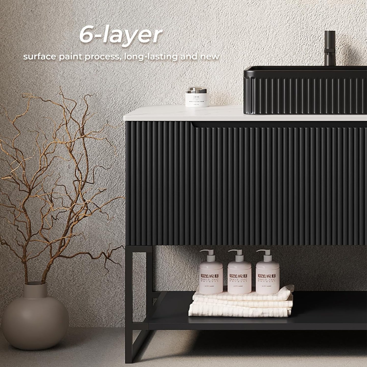 48" Black Bathroom Vanity with Sink, Freestanding Modern Bathroom Vanity with 3 Doors and Open Shelf, Black Rectangular Ceramic Basin and White Sintered Stone Counter Top