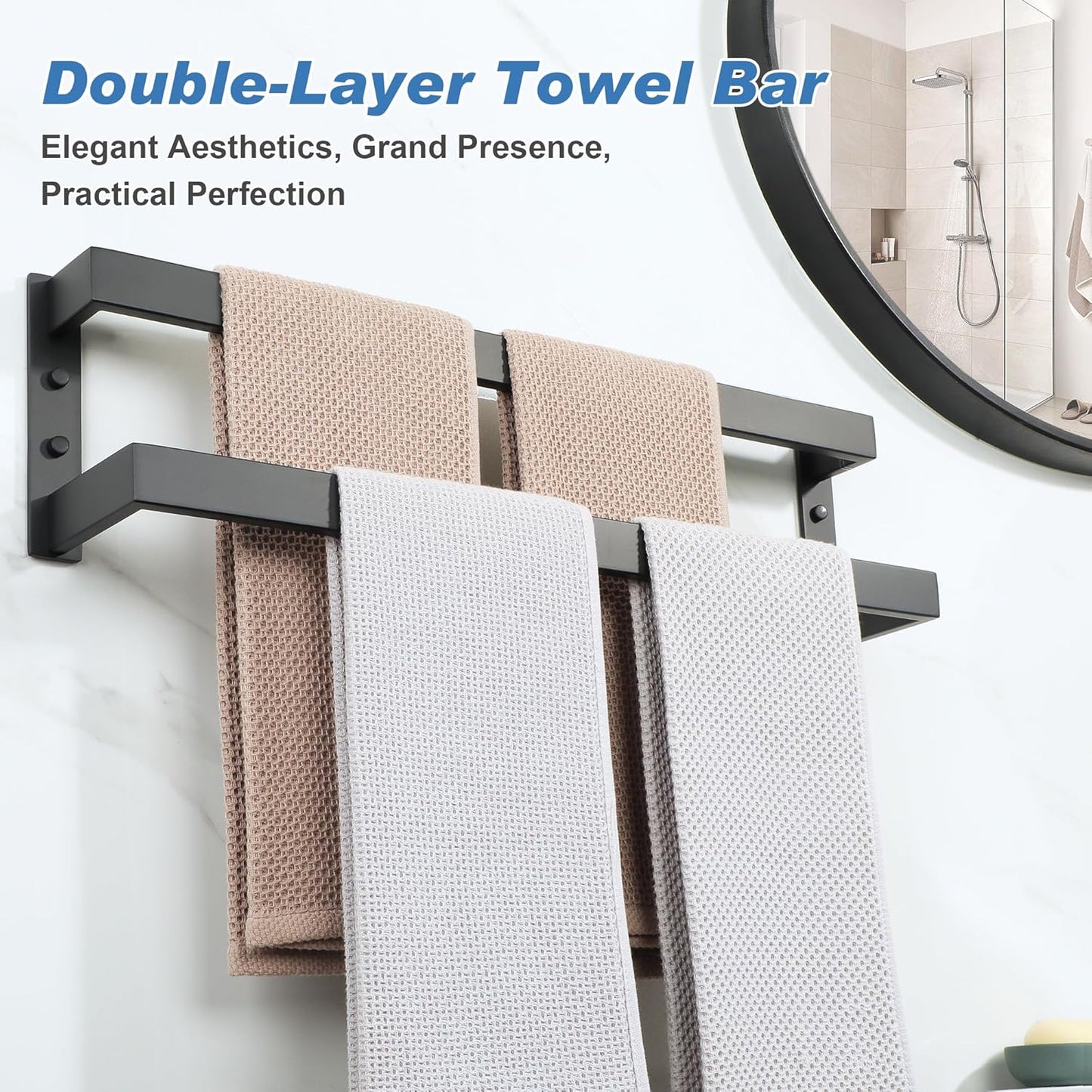 Alise Double Towel Bar 24", SUS304 Stainless Steel Towel Racks for Bathroom Wall Mounted, Heavy Duty Bathroom Towel Holder, Space Saving Towel Hanger, Matte Black