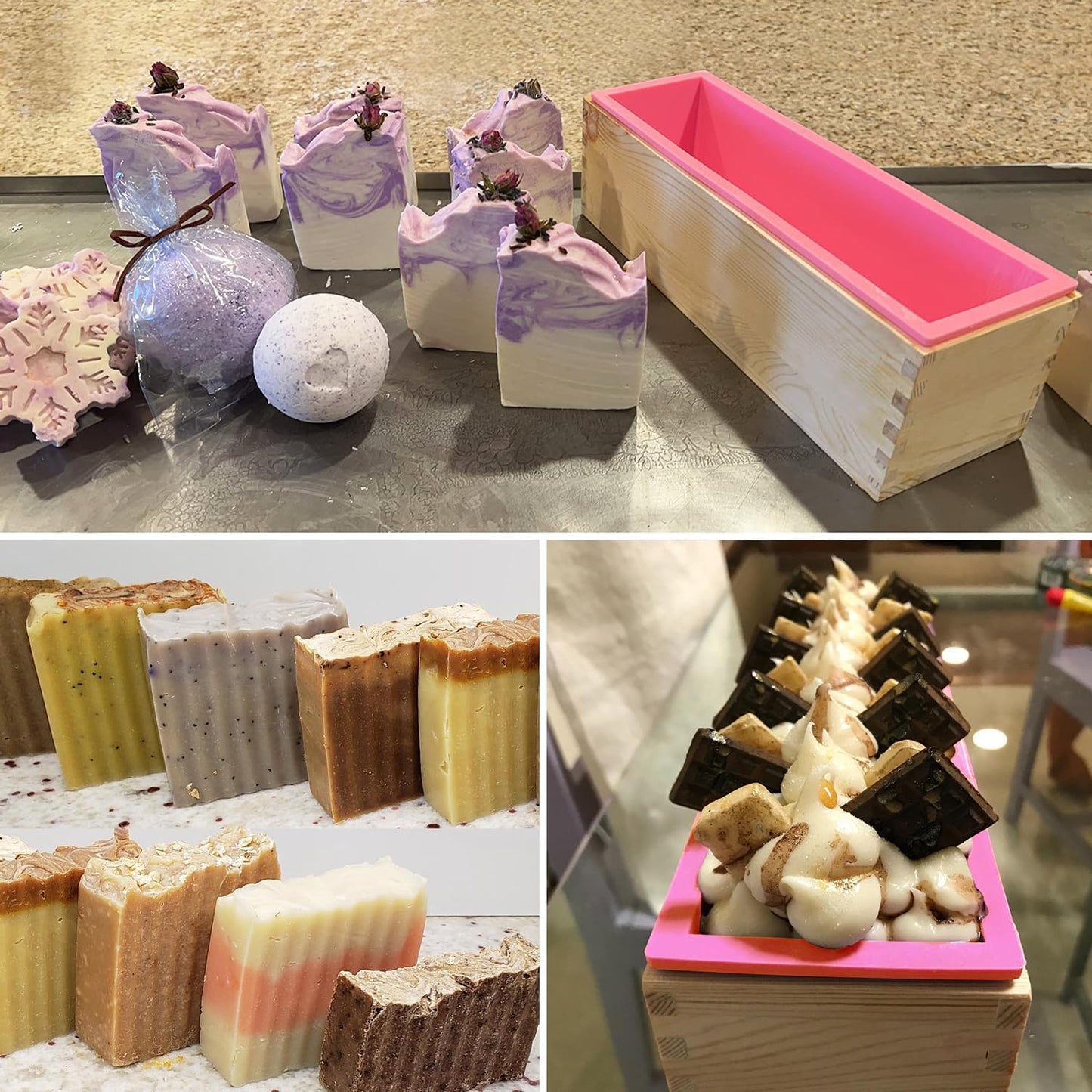 Artisan Soap Loaf Wood Box with 4 Pink Silicone Molds - 42oz, Flexible & Heat Resistant