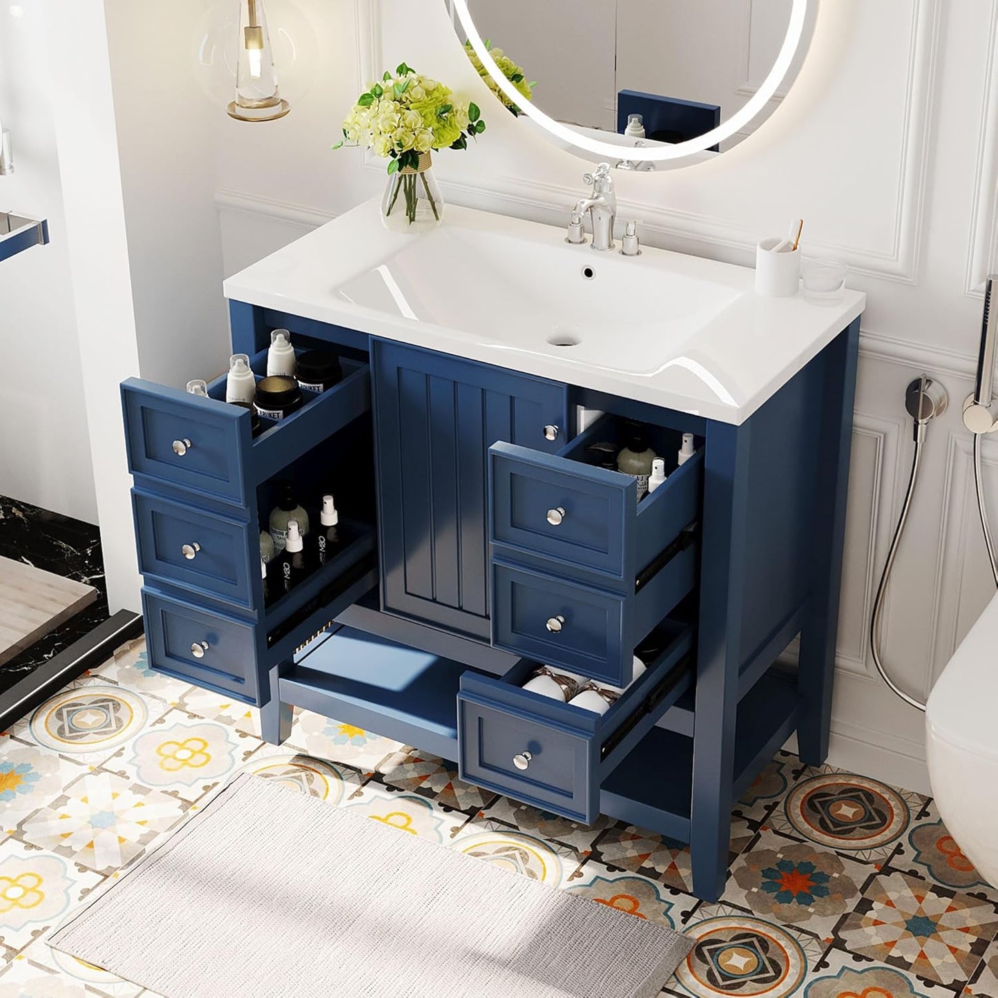 48" Bathroom Vanities with Sink Combo Modern Thickened Wood Bathroom Storage Cabinet Undermount Double Sink, with 4 Soft Closing Doors & 4 Drawers,Black