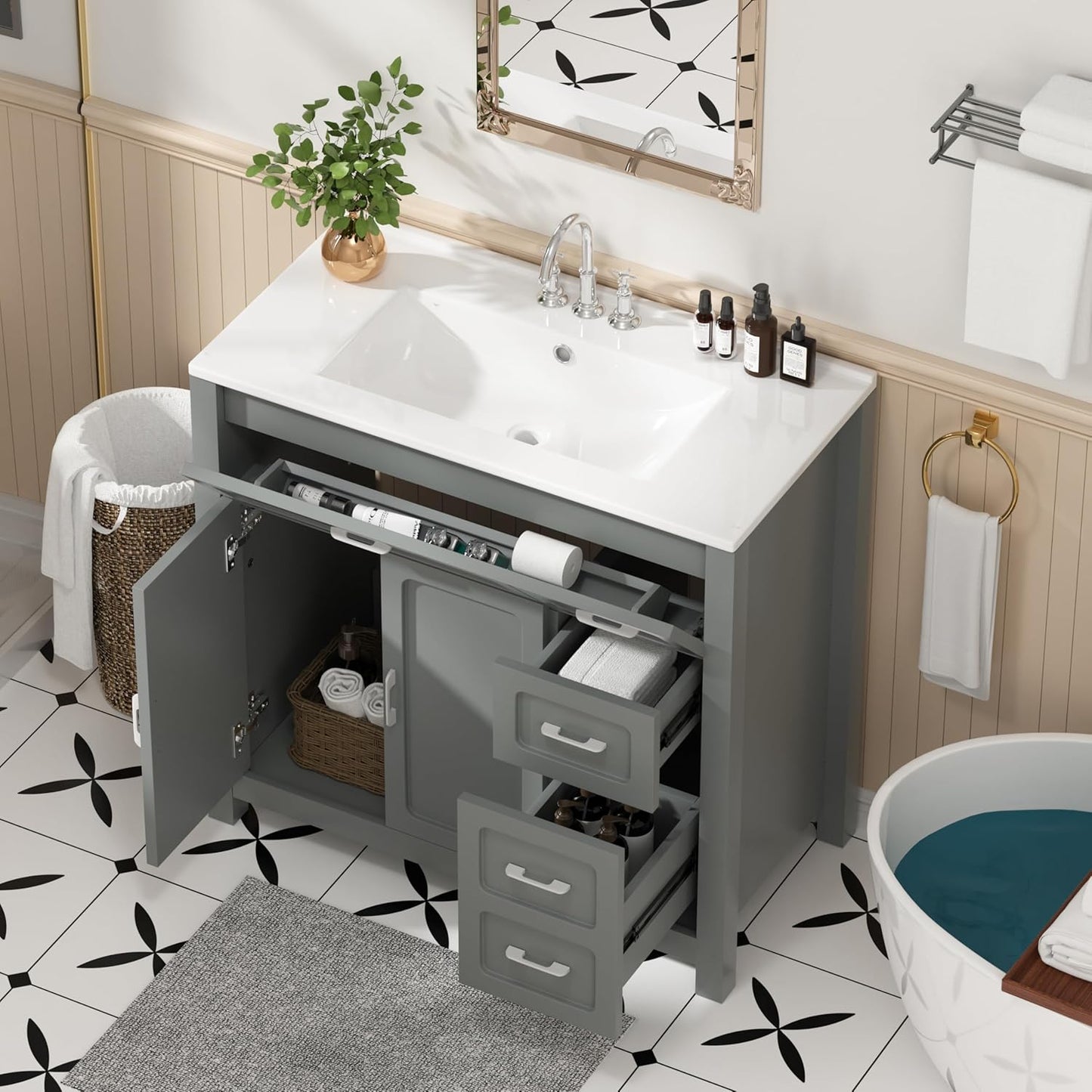 48" Bathroom Vanities with Sink Combo Modern Thickened Wood Bathroom Storage Cabinet Undermount Double Sink, with 4 Soft Closing Doors & 4 Drawers,Black