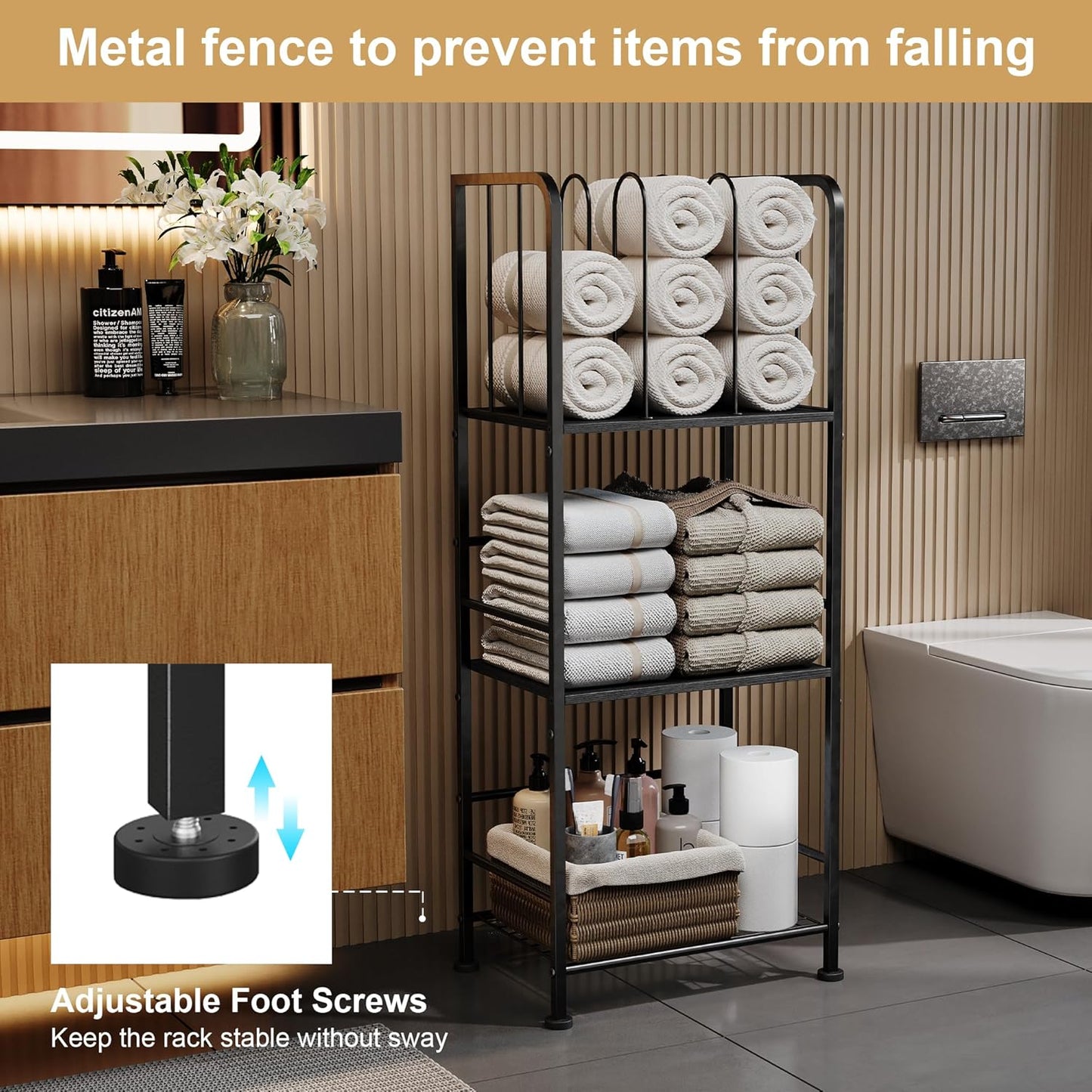 Towel Rack Free Standing 3-Tier M-Shaped Detachable Dividers, Durable Metal Holder, Pool Towel Rack, Space-Saving Towel Storage Organizer, Modern Bath Towel Shelf for Home, Poolside, Black