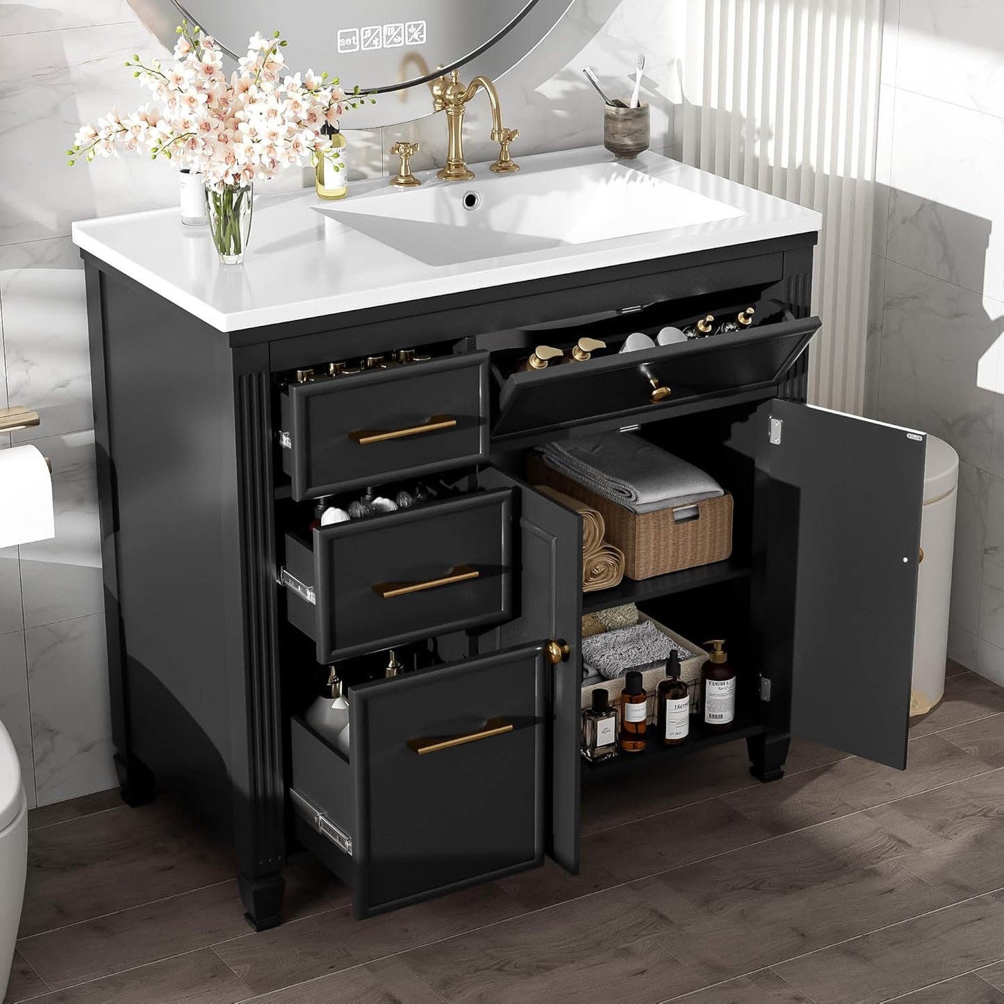 36" Bathroom Vanity with Sink,Freestanding Single Storage Cabinet with Soft-Closing Door and 4 Drawers,Bathroom Vanities w/Solid Wood Frame and Leg,Easy Assembly,Blue