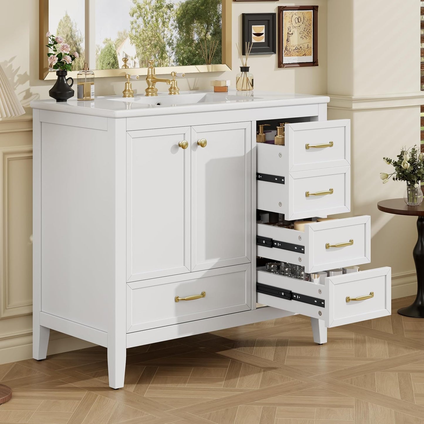 36" Bathroom Vanity with Sink,Freestanding Single Storage Cabinet with Soft-Closing Door and 4 Drawers,Bathroom Vanities w/Solid Wood Frame and Leg,Easy Assembly,Blue