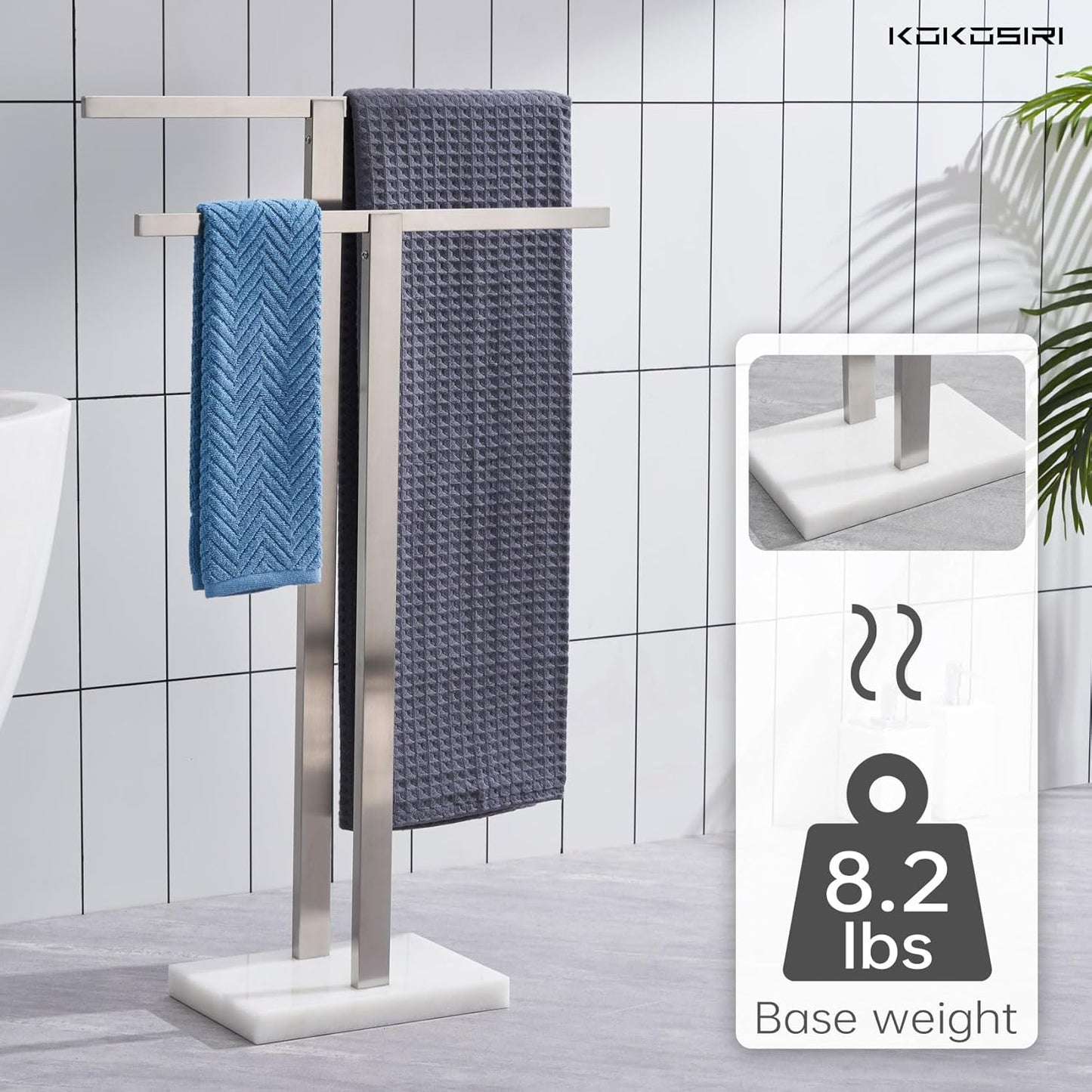 KOKOSIRI Bathroom Towel Rack 2-Tier Standing Towel Racks with Marble Base, Stainless Steel Freestanding Towel Bars, Thicken Steady Design, Brushed Nickel THS0001-BR