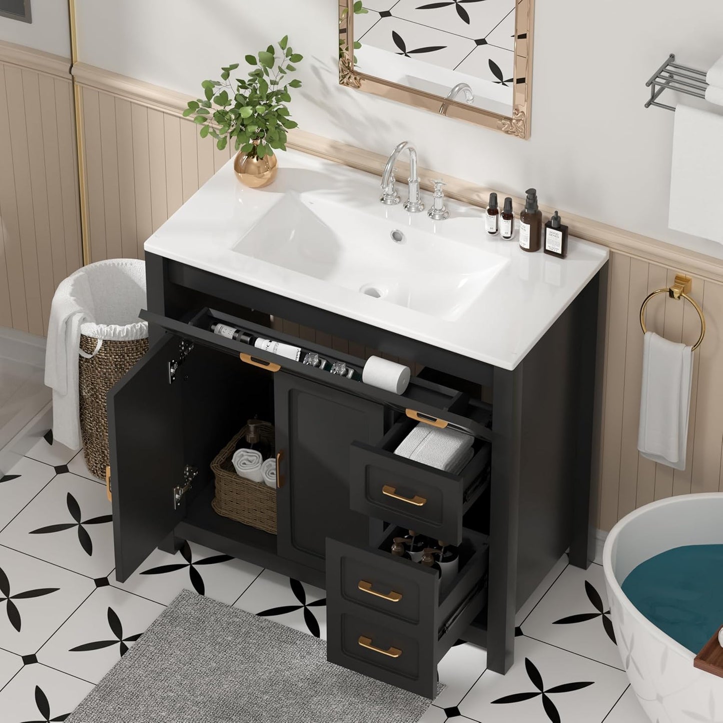 48" Bathroom Vanities with Sink Combo Modern Thickened Wood Bathroom Storage Cabinet Undermount Double Sink, with 4 Soft Closing Doors & 4 Drawers,Black