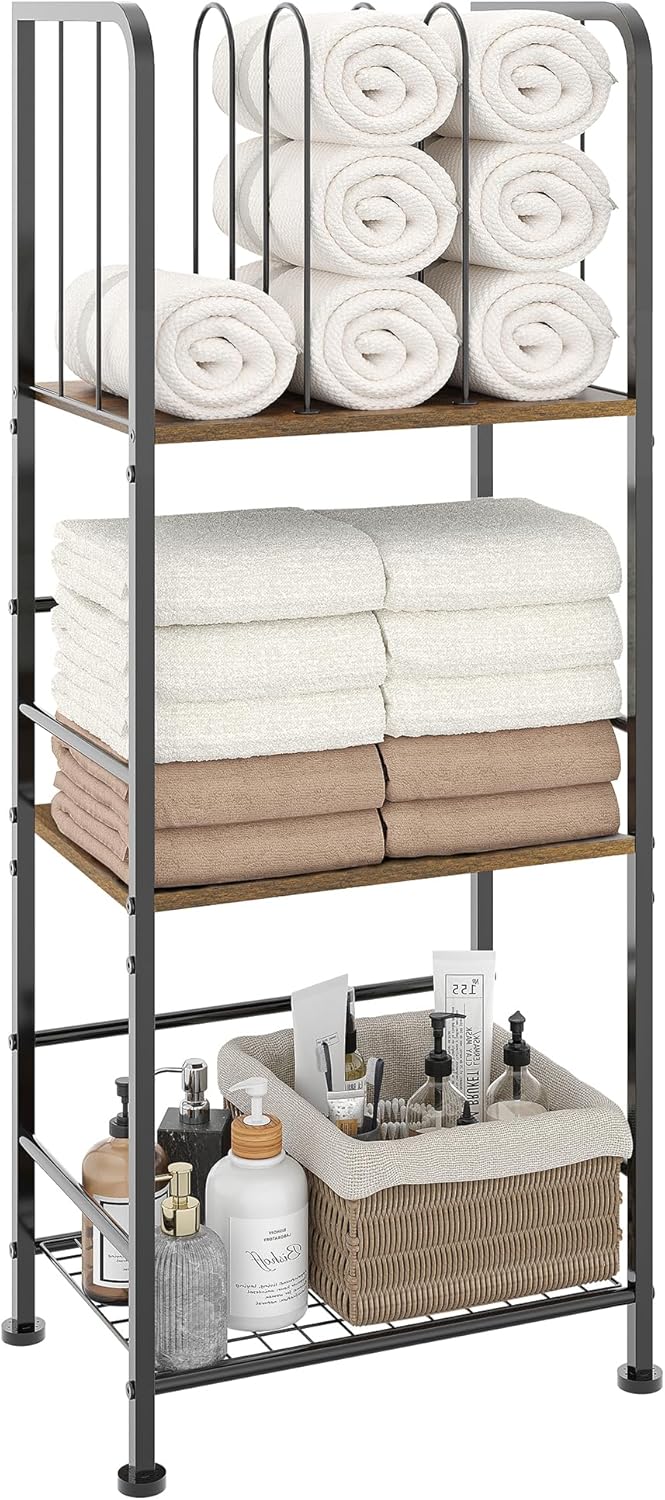 Towel Rack Free Standing 3-Tier M-Shaped Detachable Dividers, Durable Metal Holder, Pool Towel Rack, Space-Saving Towel Storage Organizer, Modern Bath Towel Shelf for Home, Poolside, Black