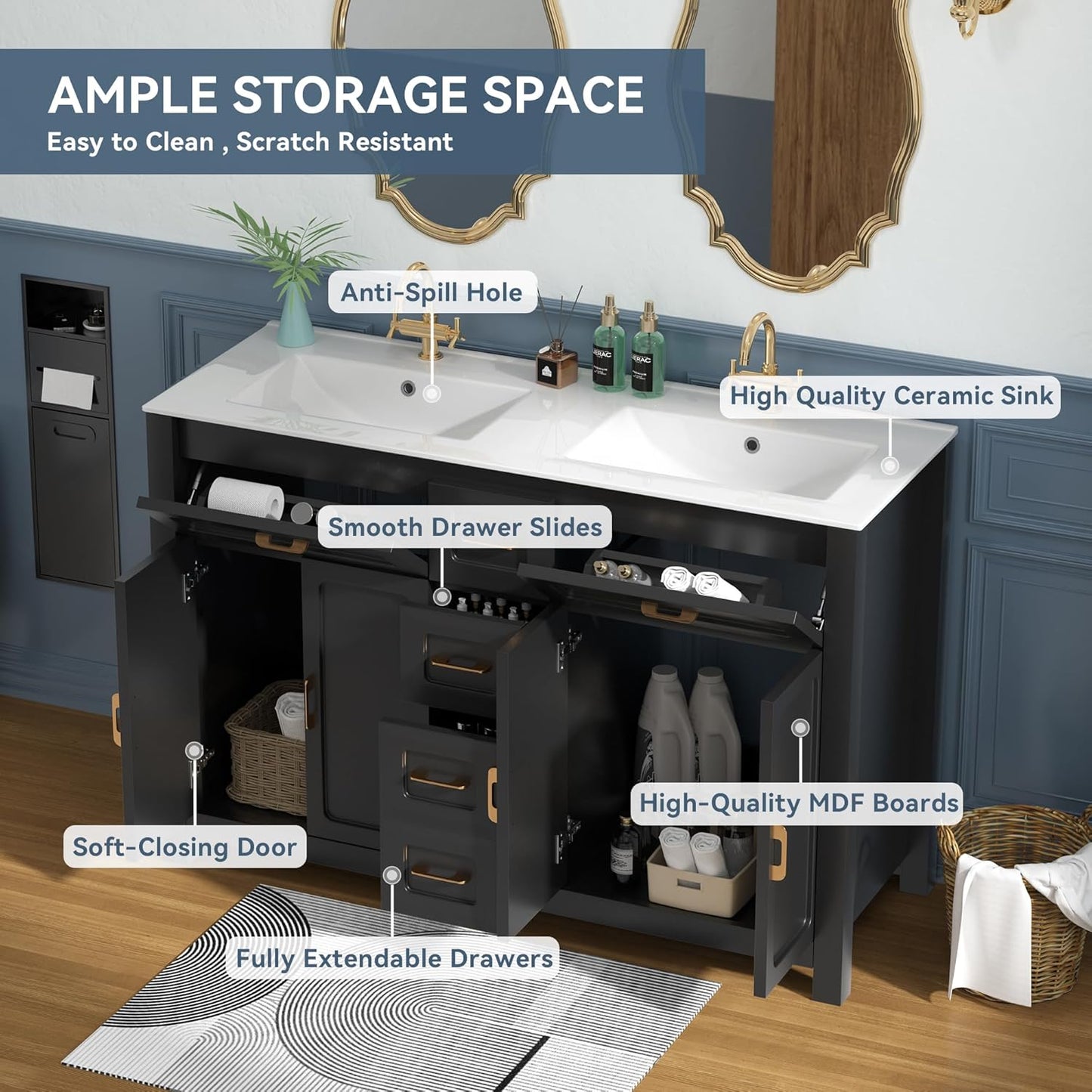48" Bathroom Vanities with Sink Combo Modern Thickened Wood Bathroom Storage Cabinet Undermount Double Sink, with 4 Soft Closing Doors & 4 Drawers,Black