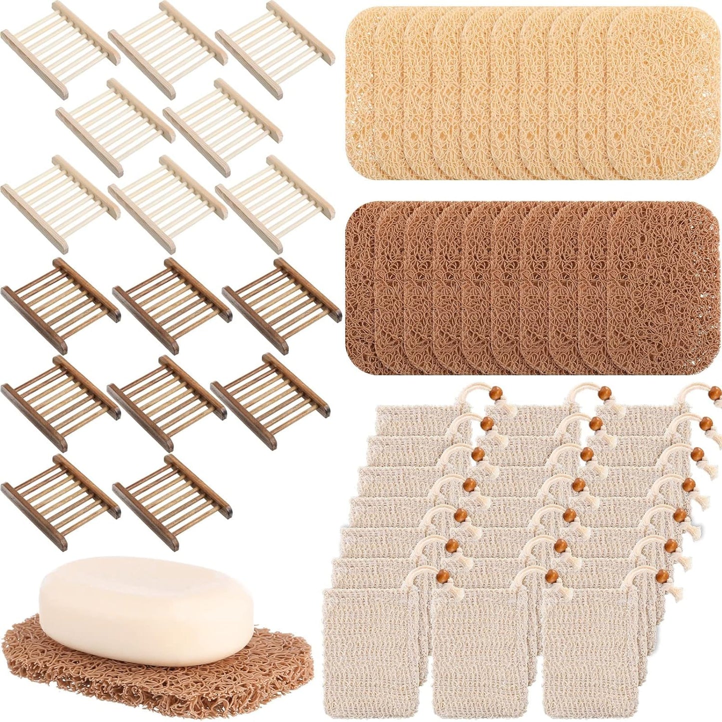 90 Pcs Soap Saver Set Including Wooden Dish, Exfoliating Bag, Saver Pads Bulk with Self Drain, Bar Soap Holder Mesh Bag for Shower Bath Home Toilet Kitchen Hotel Restaurant