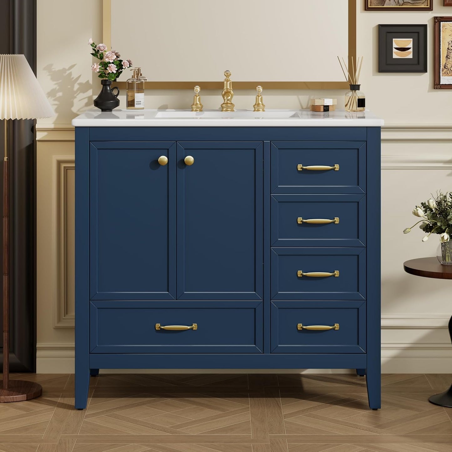 36" Bathroom Vanity with Sink,Freestanding Single Storage Cabinet with Soft-Closing Door and 4 Drawers,Bathroom Vanities w/Solid Wood Frame and Leg,Easy Assembly,Blue