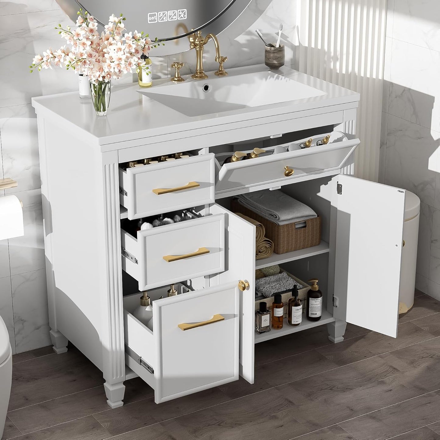 36" Bathroom Vanity with Sink,Freestanding Single Storage Cabinet with Soft-Closing Door and 4 Drawers,Bathroom Vanities w/Solid Wood Frame and Leg,Easy Assembly,Blue