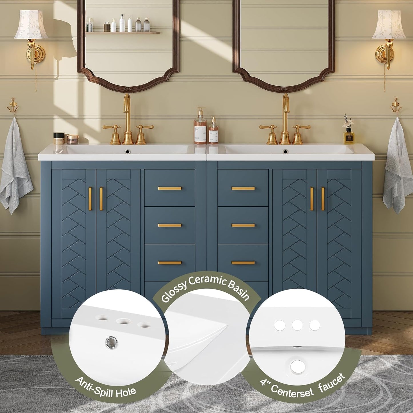 60 Inch Blue Bathroom Vanity with Double Sink,Modern Double Sink Vanity with 6 Drawers & 2 Spacious Cabinets,Soft Closing Doors with Gold Handles,Solid Wood Frame,Herringbone Front(2*30 Inch)