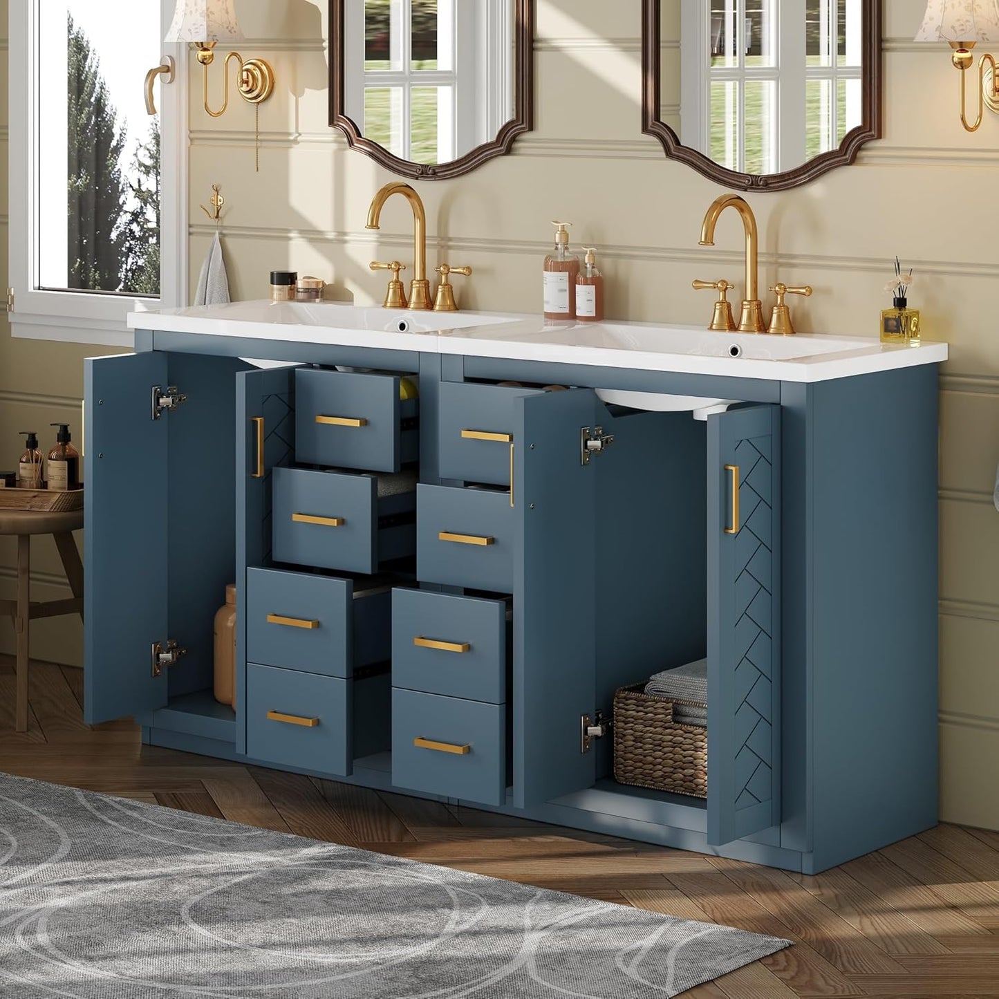 60 Inch Blue Bathroom Vanity with Double Sink,Modern Double Sink Vanity with 6 Drawers & 2 Spacious Cabinets,Soft Closing Doors with Gold Handles,Solid Wood Frame,Herringbone Front(2*30 Inch)