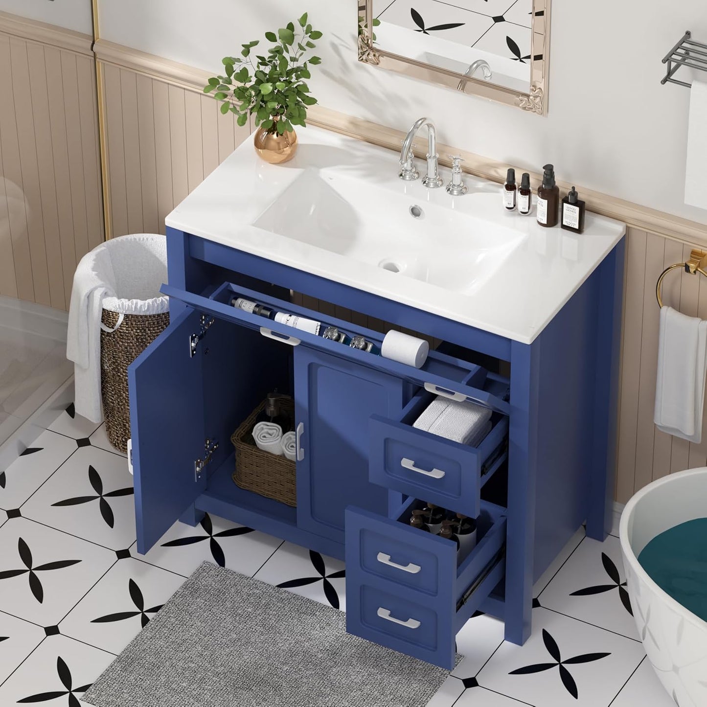 48" Bathroom Vanities with Sink Combo Modern Thickened Wood Bathroom Storage Cabinet Undermount Double Sink, with 4 Soft Closing Doors & 4 Drawers,Black