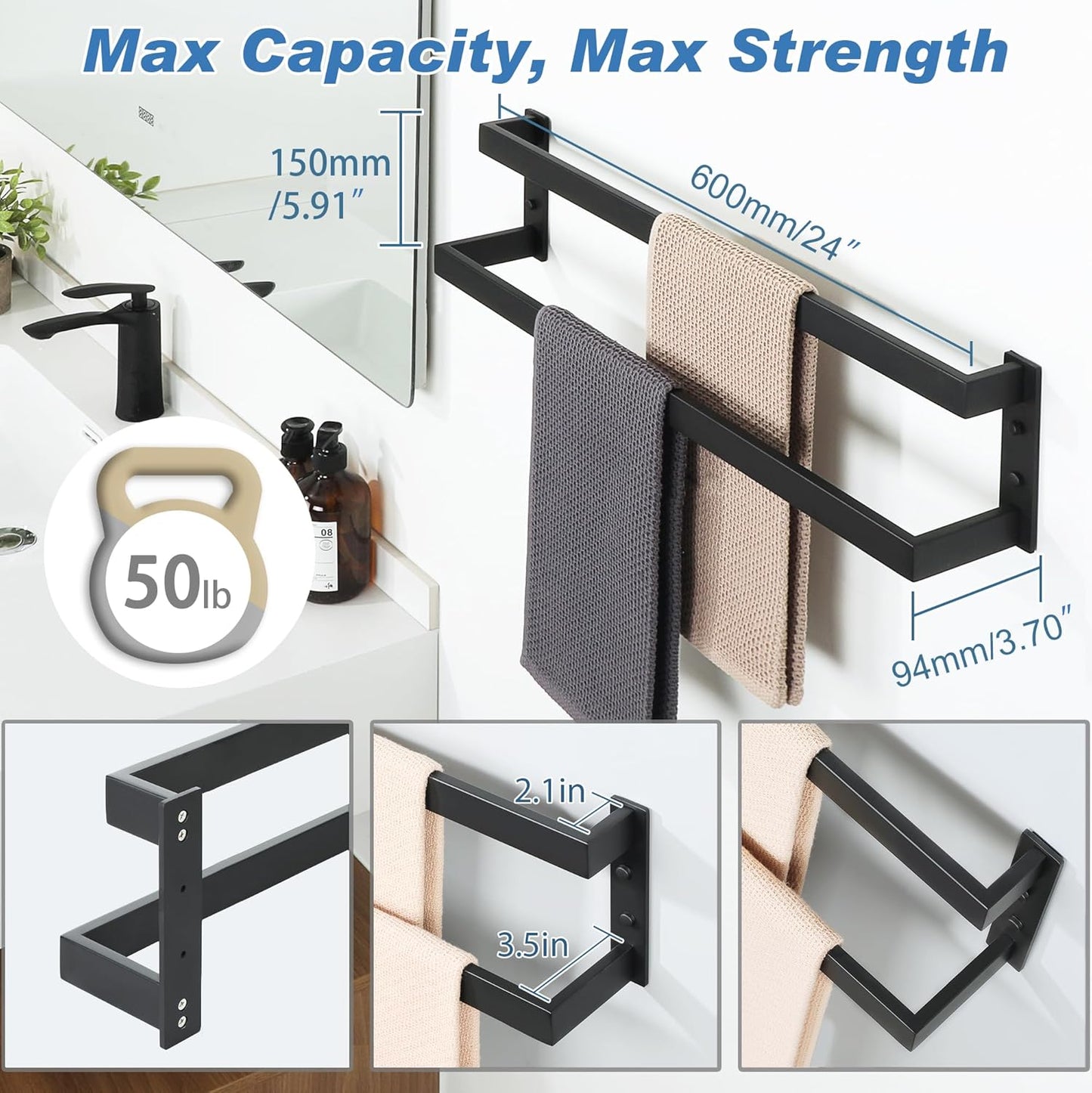 Alise Double Towel Bar 24", SUS304 Stainless Steel Towel Racks for Bathroom Wall Mounted, Heavy Duty Bathroom Towel Holder, Space Saving Towel Hanger, Matte Black