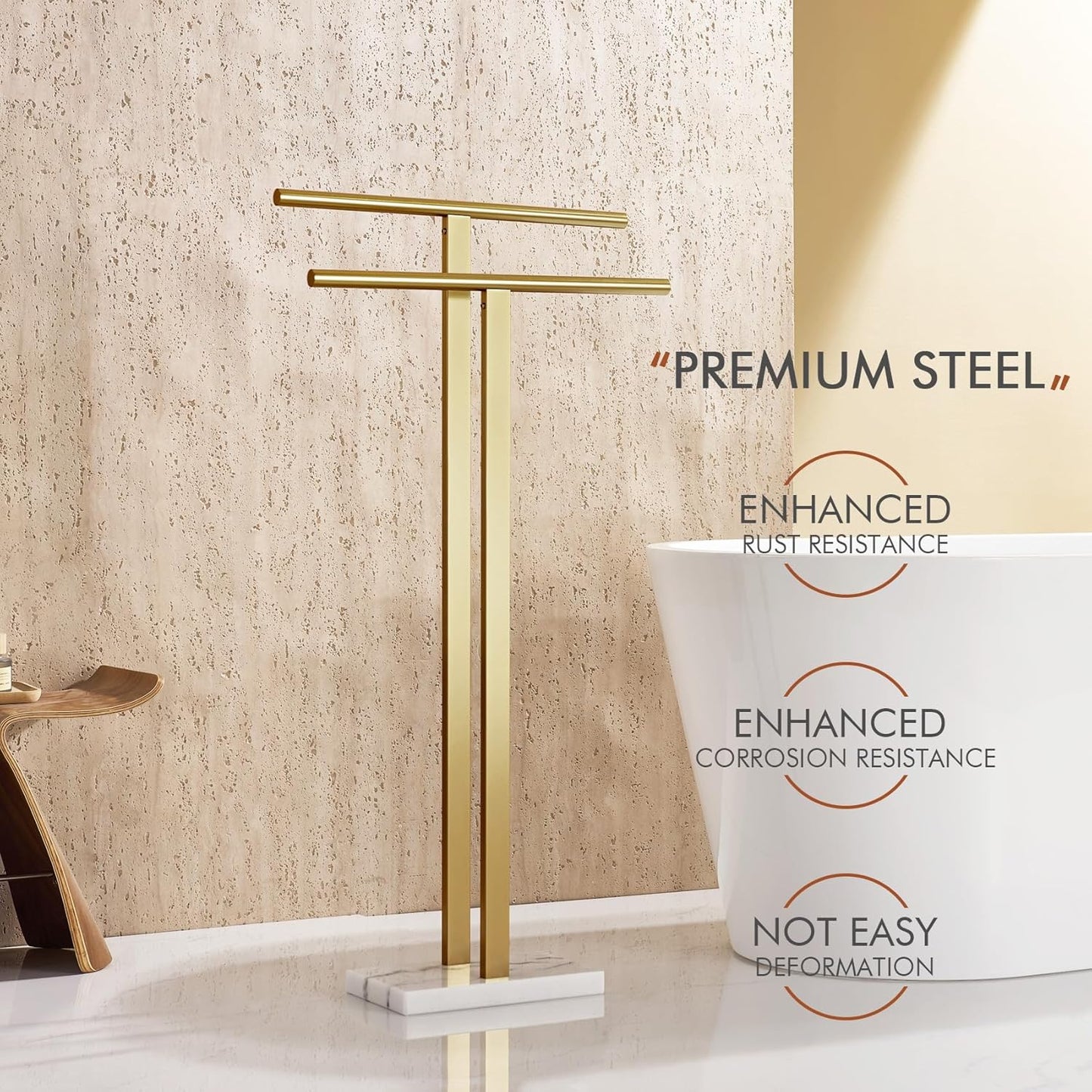 KOKOSIRI Standing Towel Rack for Bathroom Floor 2-Tier Towel Holder Free Stand with Heavy Marble Base Thicken Steady Design Gold Stainless Steel THS0005-BG