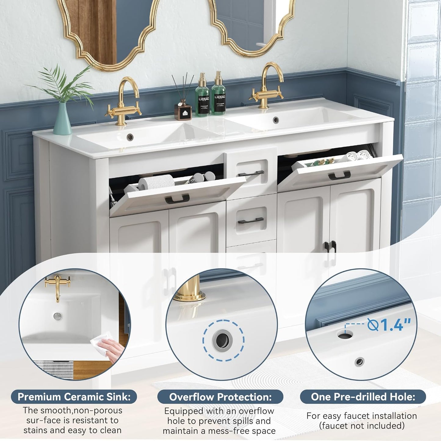 48" Bathroom Vanities with Sink Combo Modern Thickened Wood Bathroom Storage Cabinet Undermount Double Sink, with 4 Soft Closing Doors & 4 Drawers,Black