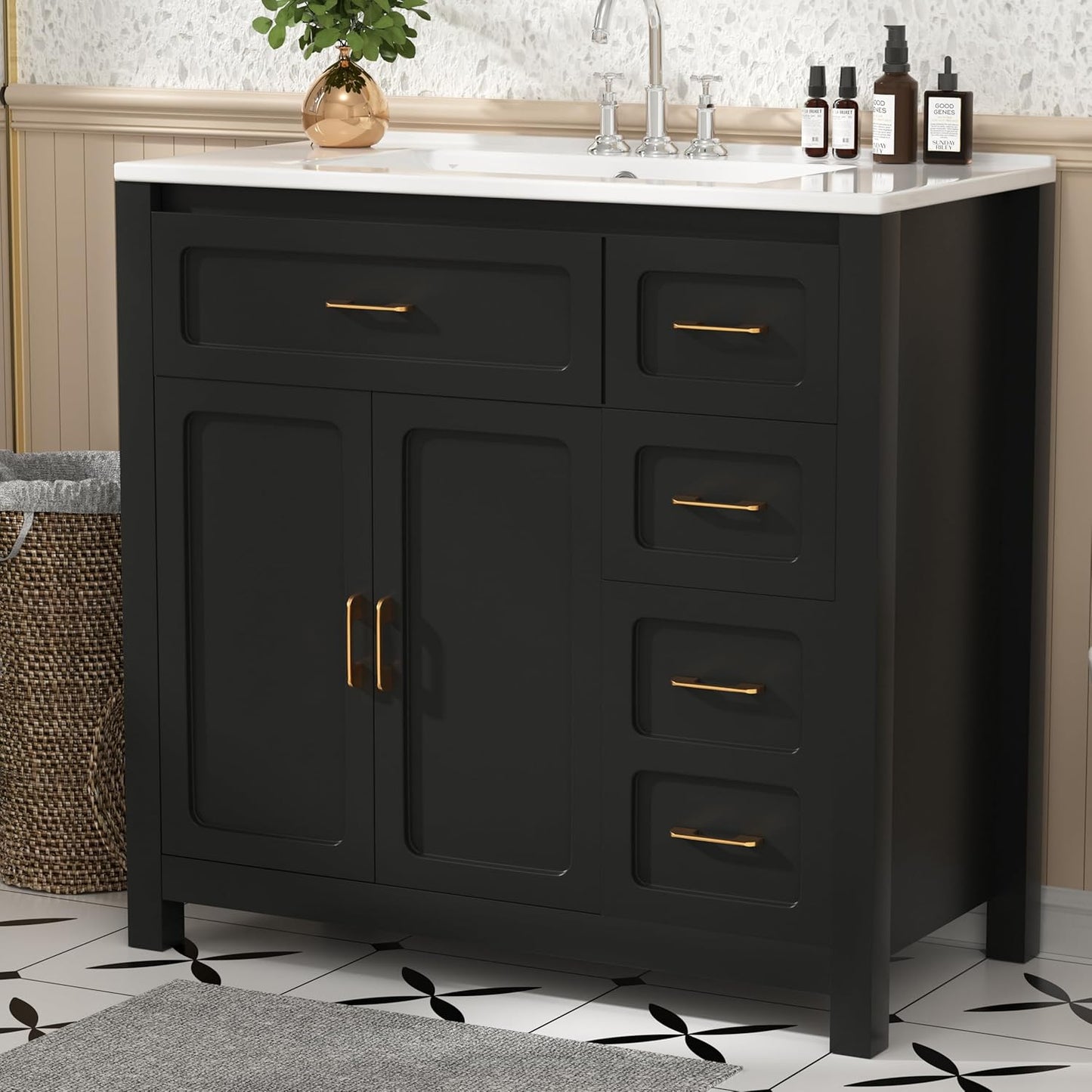 48" Bathroom Vanities with Sink Combo Modern Thickened Wood Bathroom Storage Cabinet Undermount Double Sink, with 4 Soft Closing Doors & 4 Drawers,Black