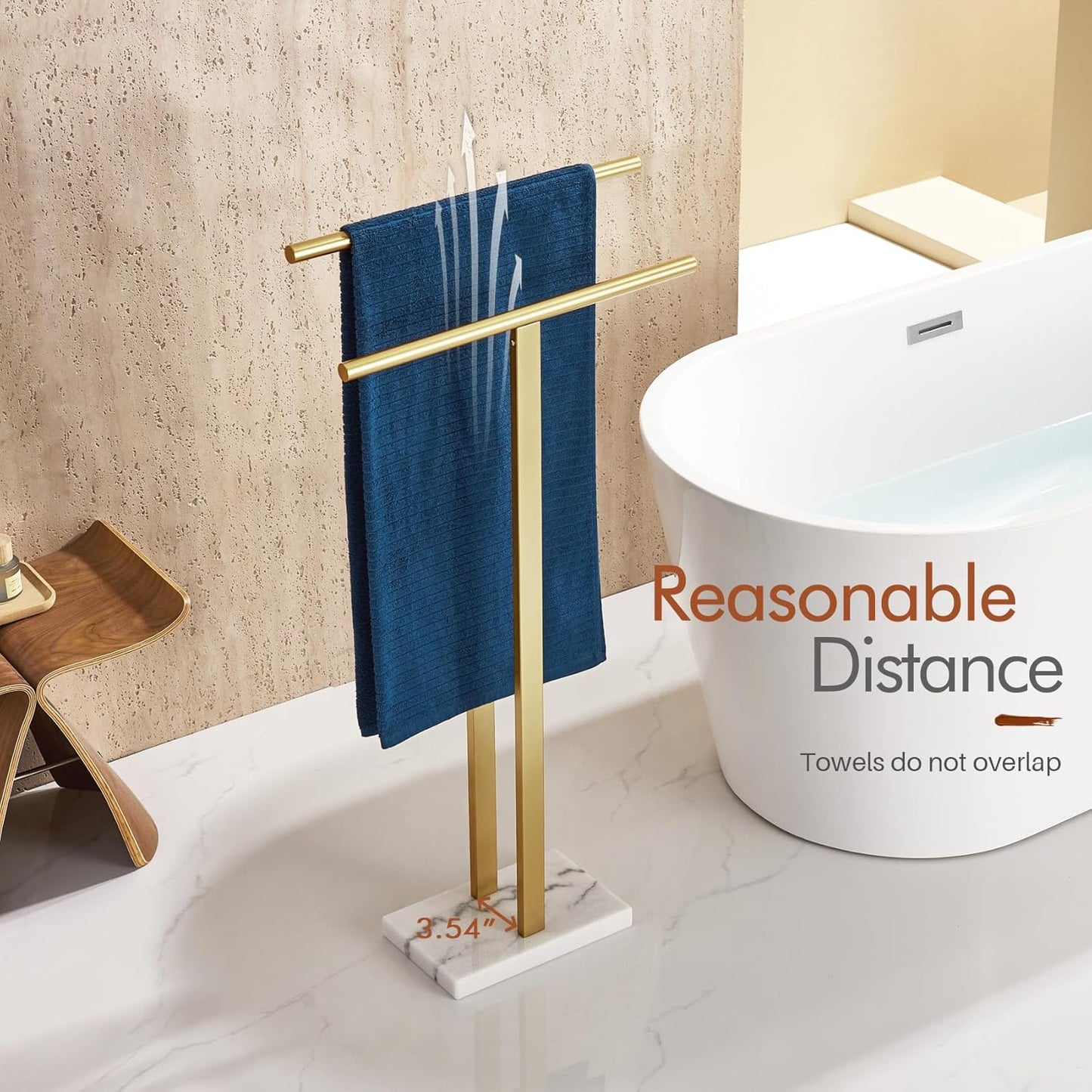 KOKOSIRI Standing Towel Rack for Bathroom Floor 2-Tier Towel Holder Free Stand with Heavy Marble Base Thicken Steady Design Gold Stainless Steel THS0005-BG
