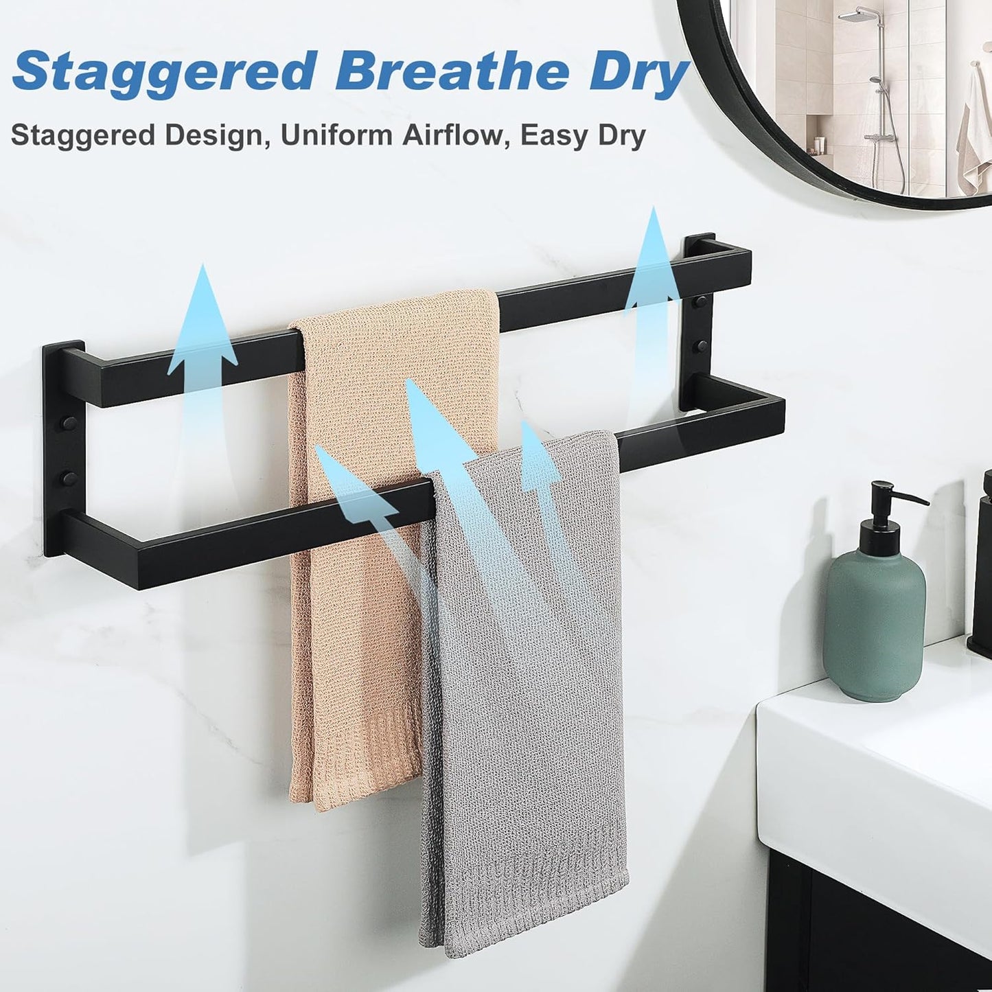 Alise Double Towel Bar 24", SUS304 Stainless Steel Towel Racks for Bathroom Wall Mounted, Heavy Duty Bathroom Towel Holder, Space Saving Towel Hanger, Matte Black