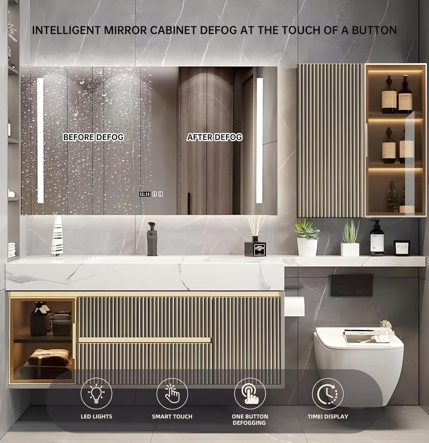Single Sink Bathroom Vanity, Modern Bathroom Vanity Set Include Smart Defogging Mirror & Toilet Mirror Cabinet & Extended Countertop, Wall-Mounted Bathroom Vanities with Integrated Sink (68")