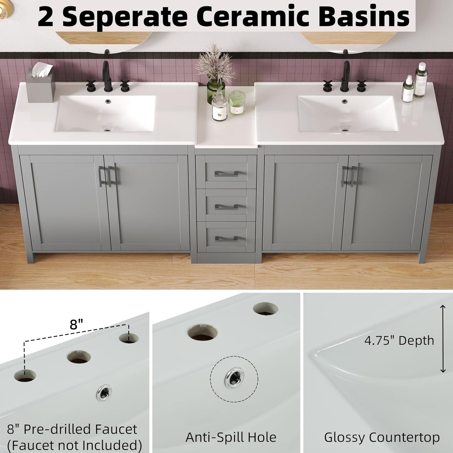 84 Inch Bathroom Vanity with Double Sink,Large Double Sink Vanities with 3 Drawers Storage Cabinet,Intergrated Ceramic & Middle Quartz Countertop,Adjustable Shelves,Soft Close Hinges,Grey,6004G