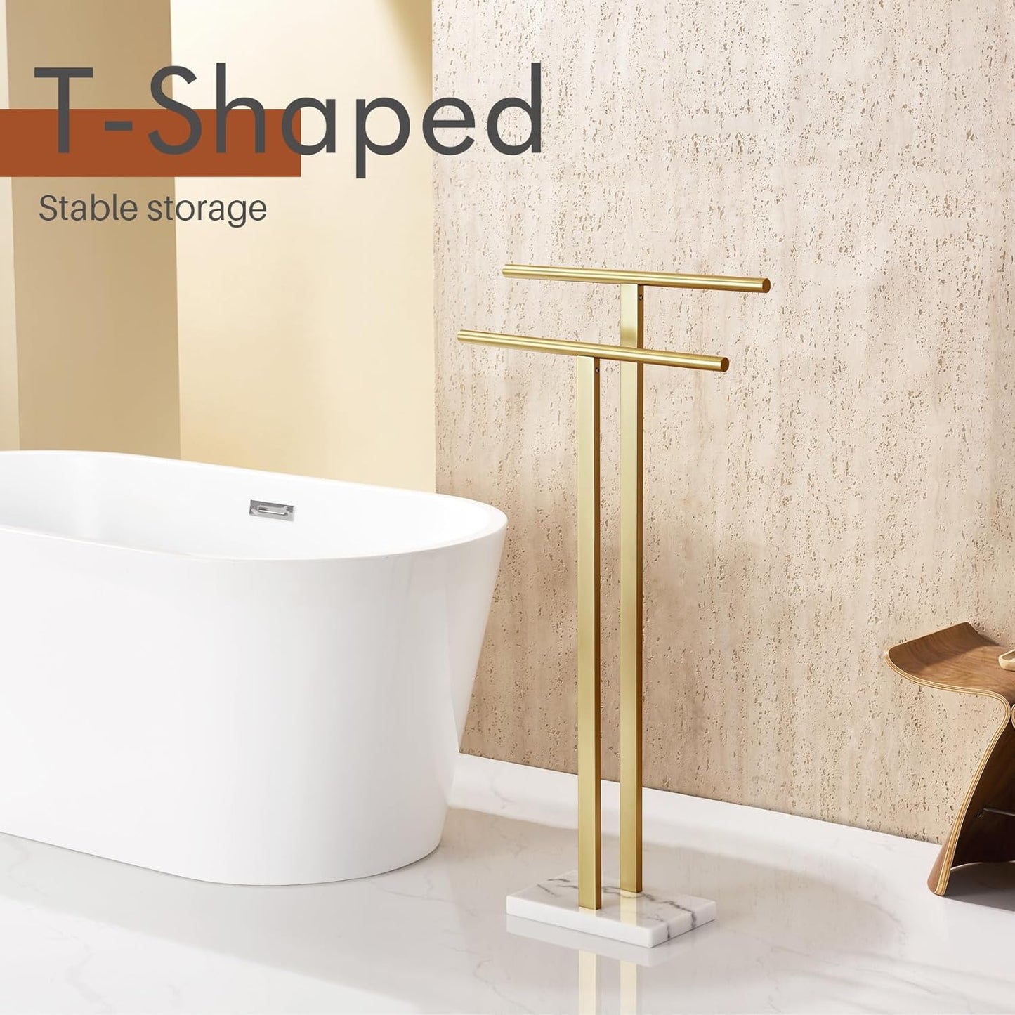 KOKOSIRI Standing Towel Rack for Bathroom Floor 2-Tier Towel Holder Free Stand with Heavy Marble Base Thicken Steady Design Gold Stainless Steel THS0005-BG