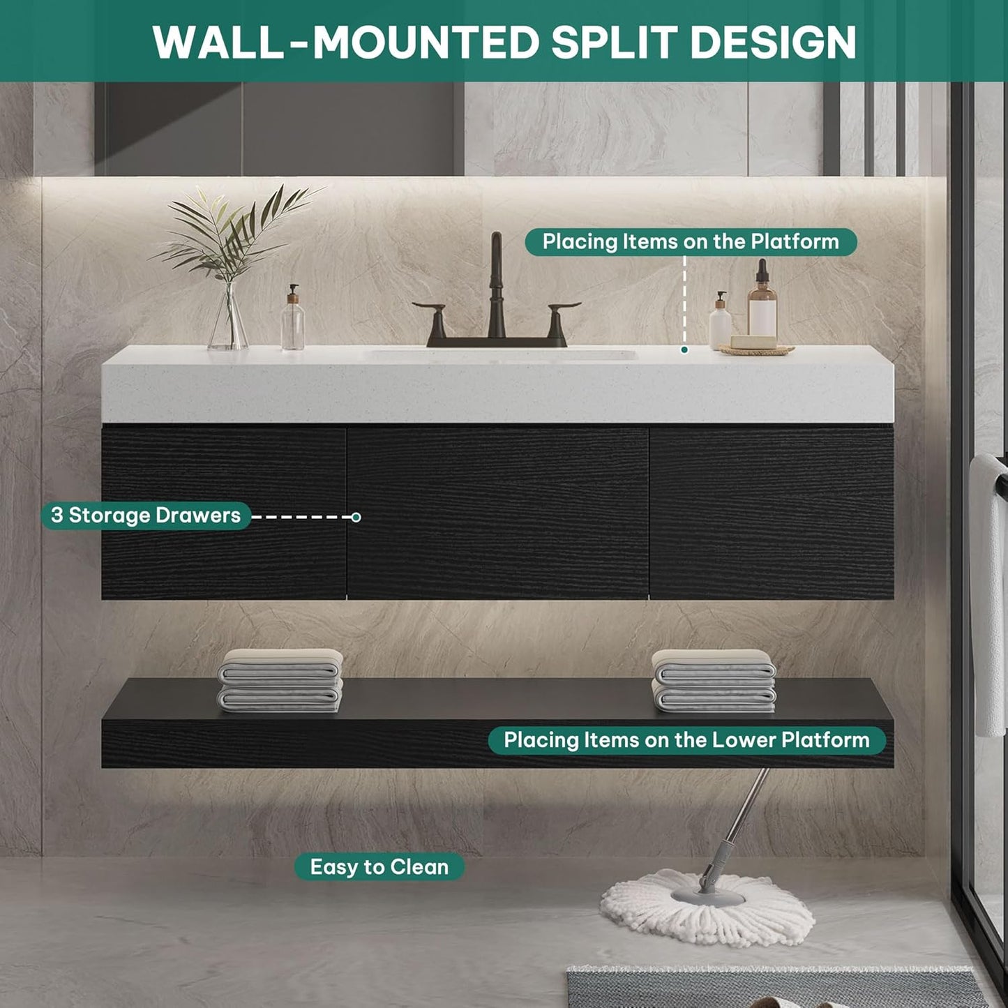 YITAHOME 48 Inch Floating Vanity with 3 Drawers, Wall Mounted Bathroom Vanity with White Quartz Countertop & Oak Veneer, Big Space Storage for Modern Bathroom, Black