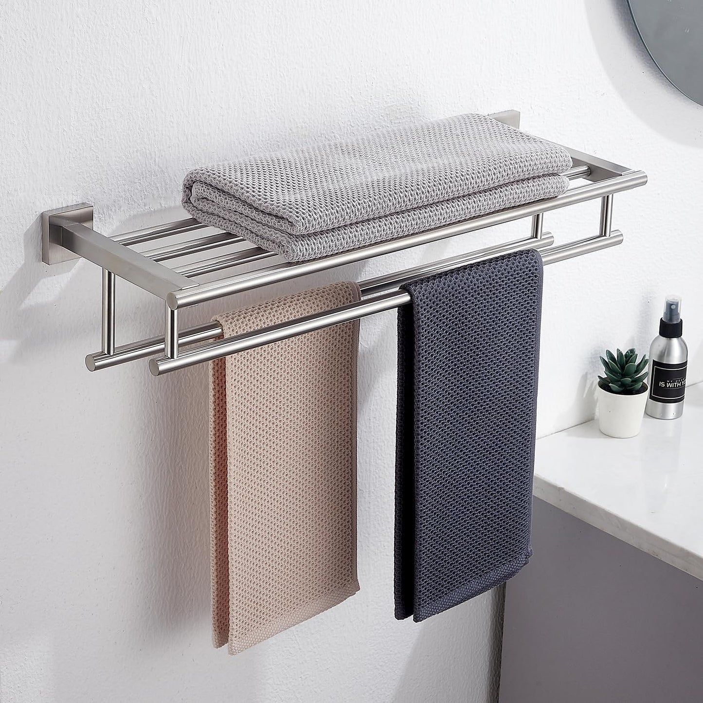 Bathroom Towel Rack 24 Inch Tower Holder with Double Towel Bar Brushed Nickel Towel Rack Wall Mounted SUS304 Stainless Steel Hotel Towel Shelf Modern Towel Hanger