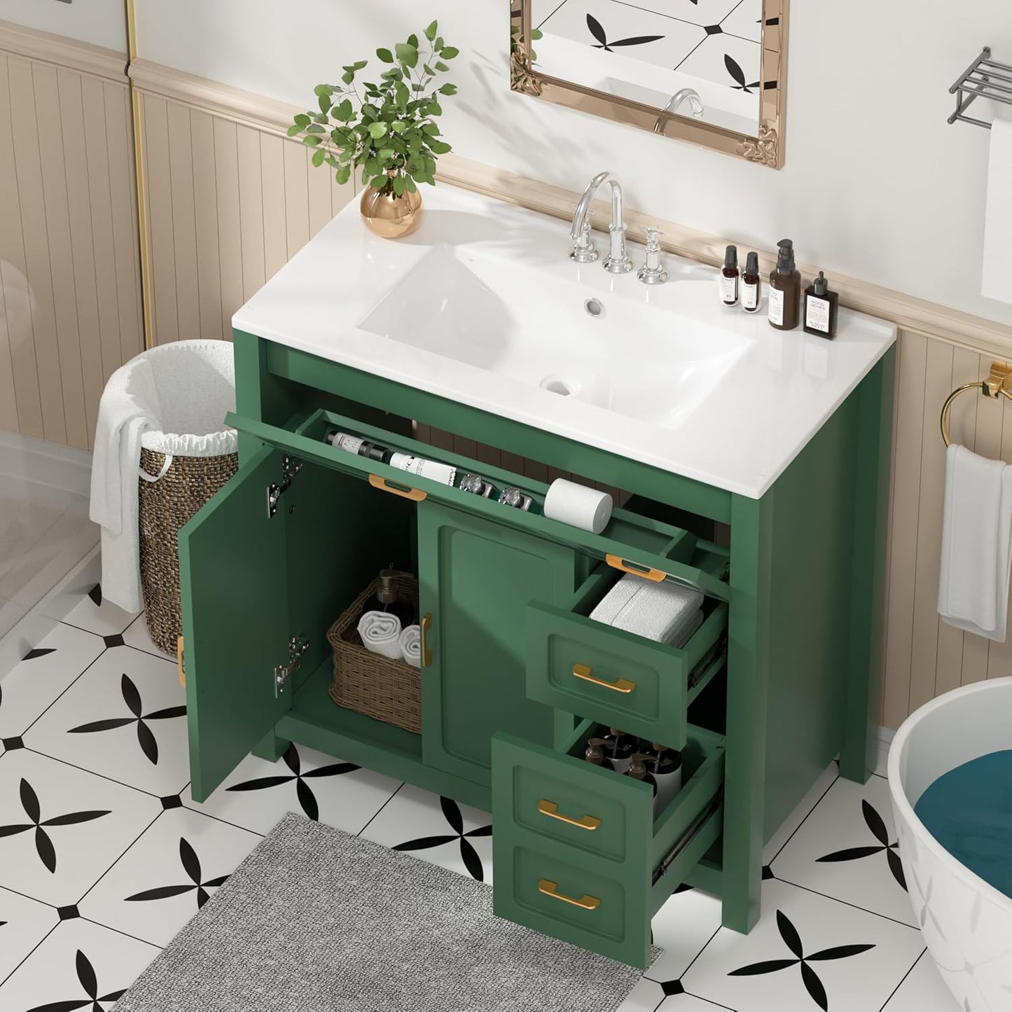 48" Bathroom Vanities with Sink Combo Modern Thickened Wood Bathroom Storage Cabinet Undermount Double Sink, with 4 Soft Closing Doors & 4 Drawers,Black