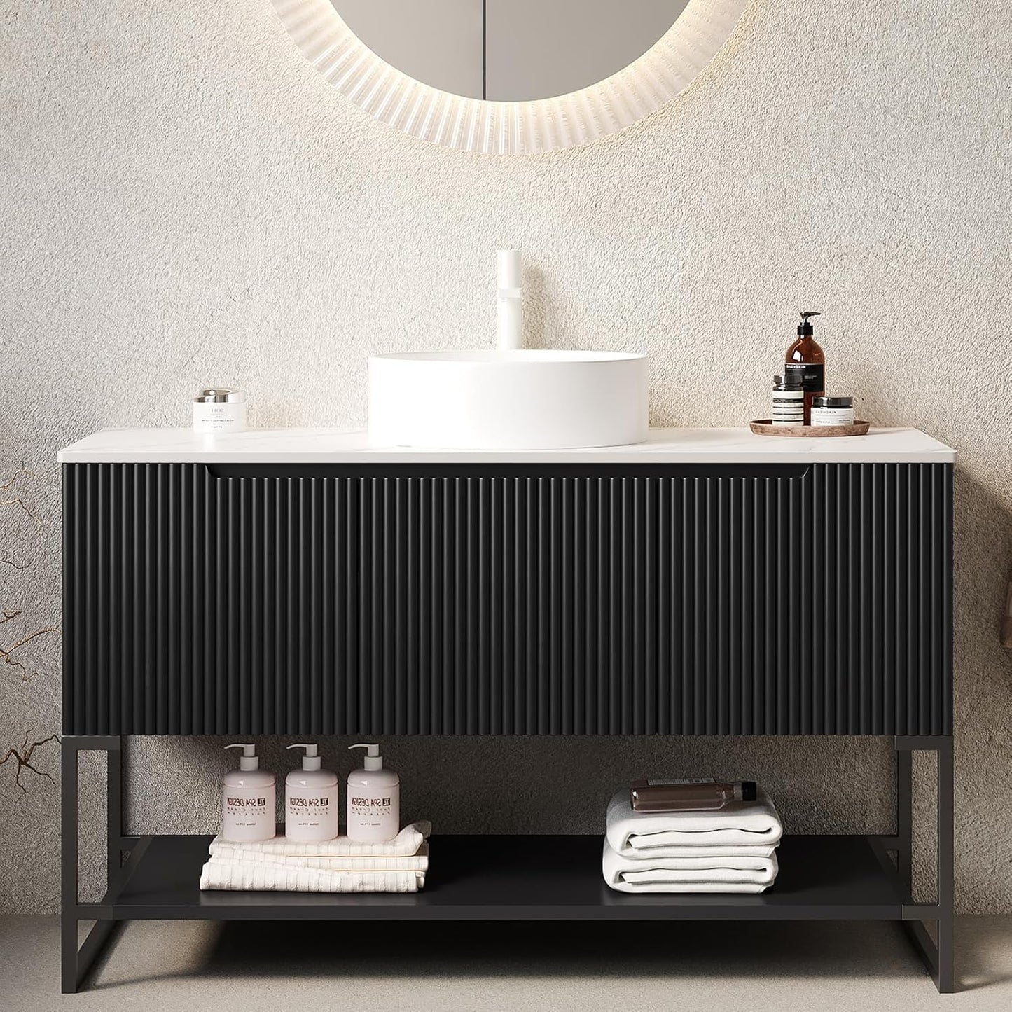 48" Black Bathroom Vanity with Sink, Freestanding Modern Bathroom Vanity with 3 Doors and Open Shelf, Black Rectangular Ceramic Basin and White Sintered Stone Counter Top