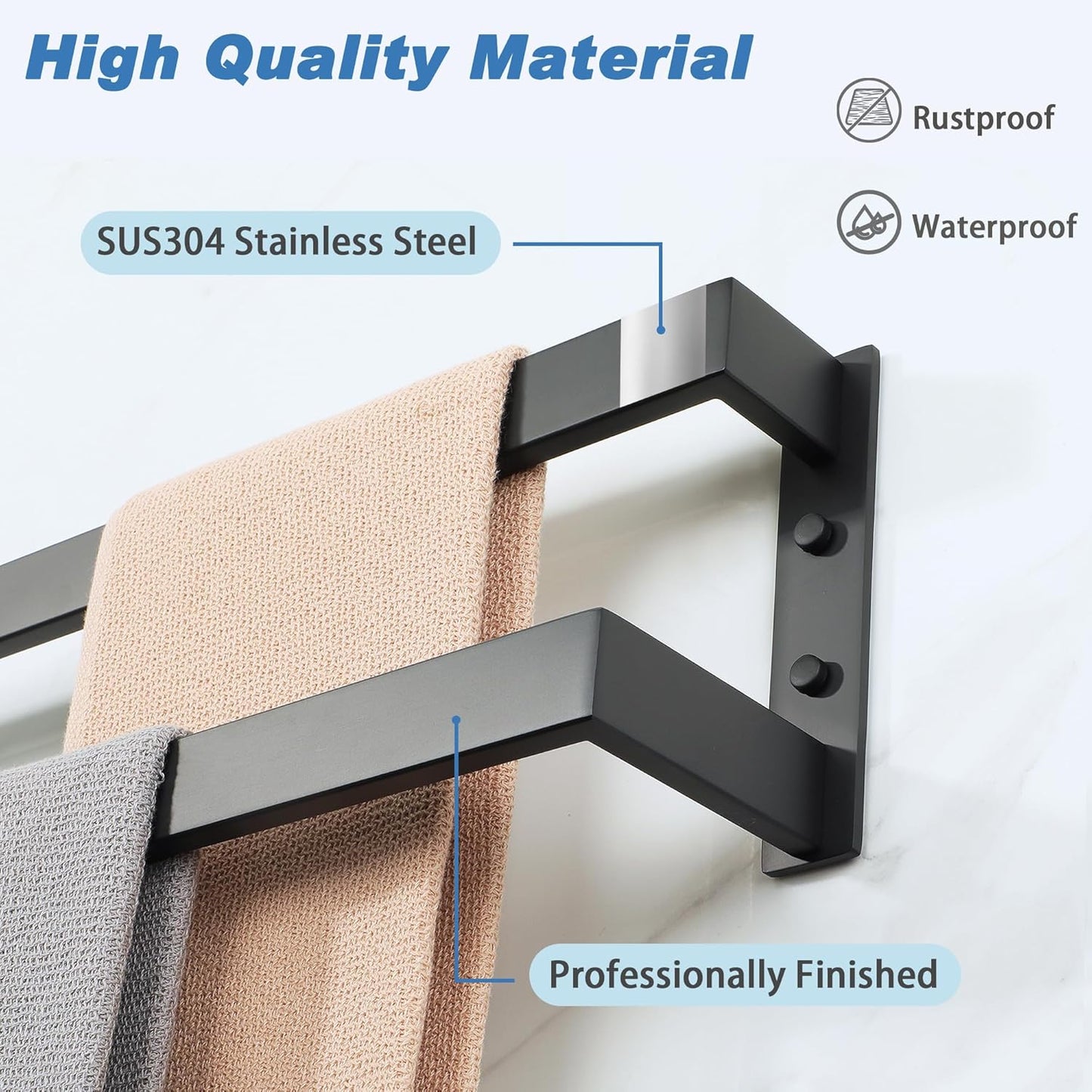 Alise Double Towel Bar 24", SUS304 Stainless Steel Towel Racks for Bathroom Wall Mounted, Heavy Duty Bathroom Towel Holder, Space Saving Towel Hanger, Matte Black