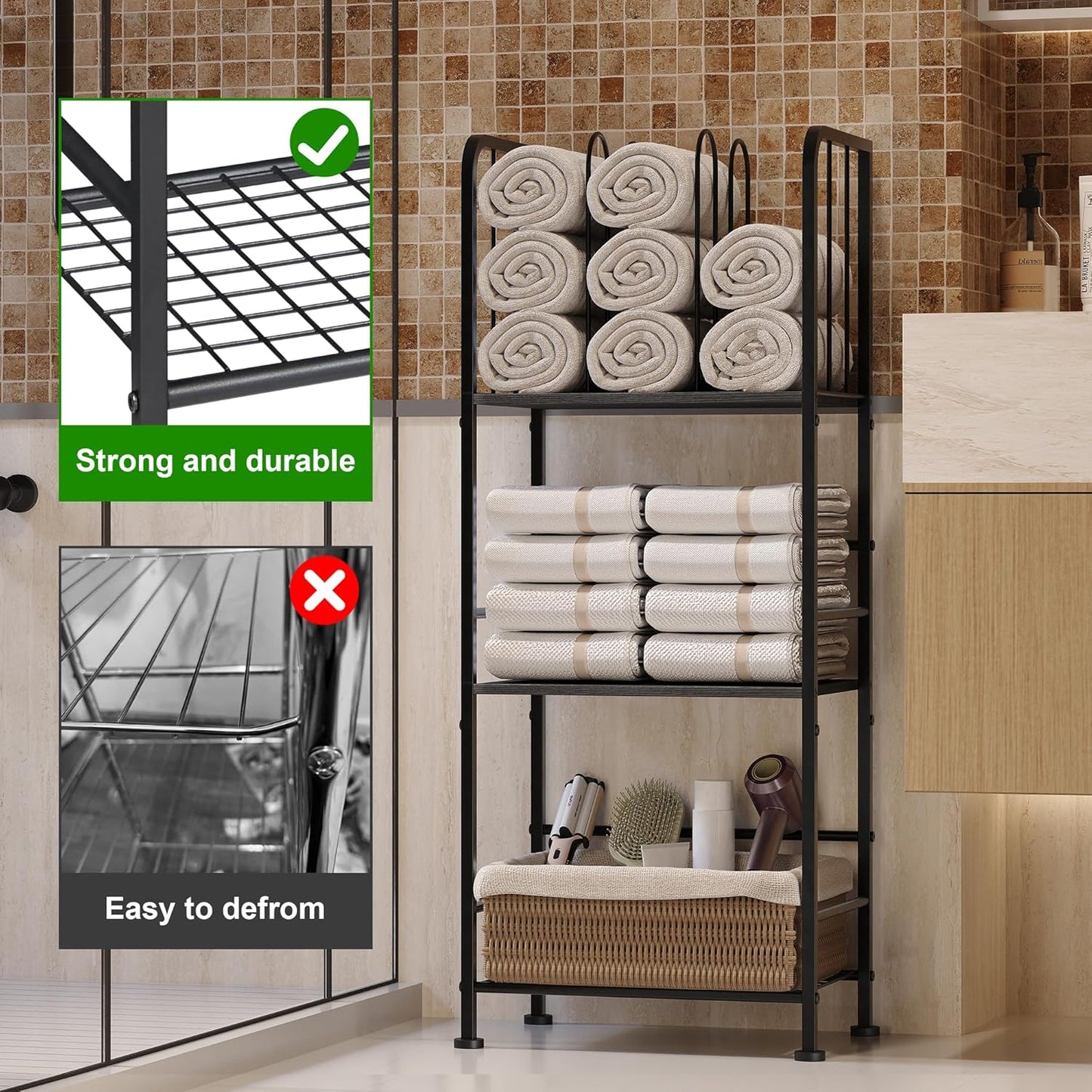 Towel Rack Free Standing 3-Tier M-Shaped Detachable Dividers, Durable Metal Holder, Pool Towel Rack, Space-Saving Towel Storage Organizer, Modern Bath Towel Shelf for Home, Poolside, Black
