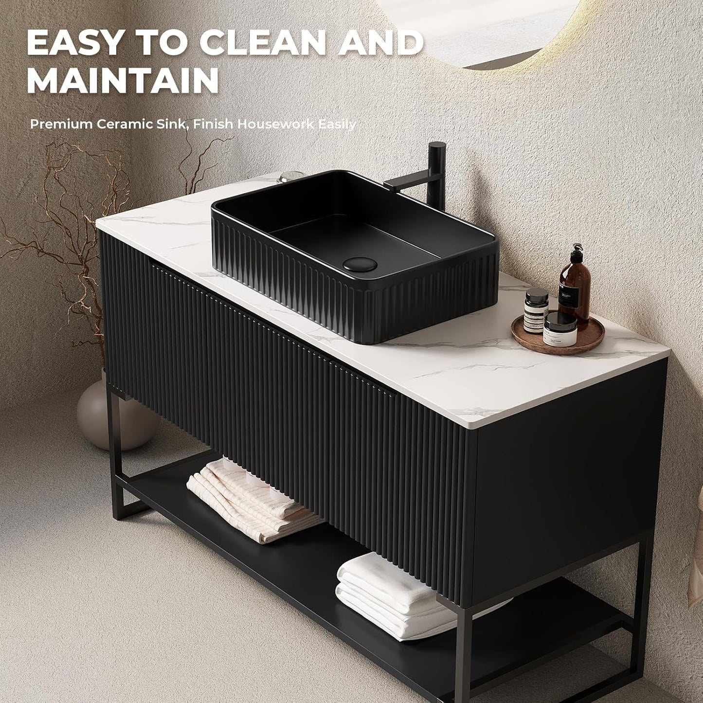 48" Black Bathroom Vanity with Sink, Freestanding Modern Bathroom Vanity with 3 Doors and Open Shelf, Black Rectangular Ceramic Basin and White Sintered Stone Counter Top