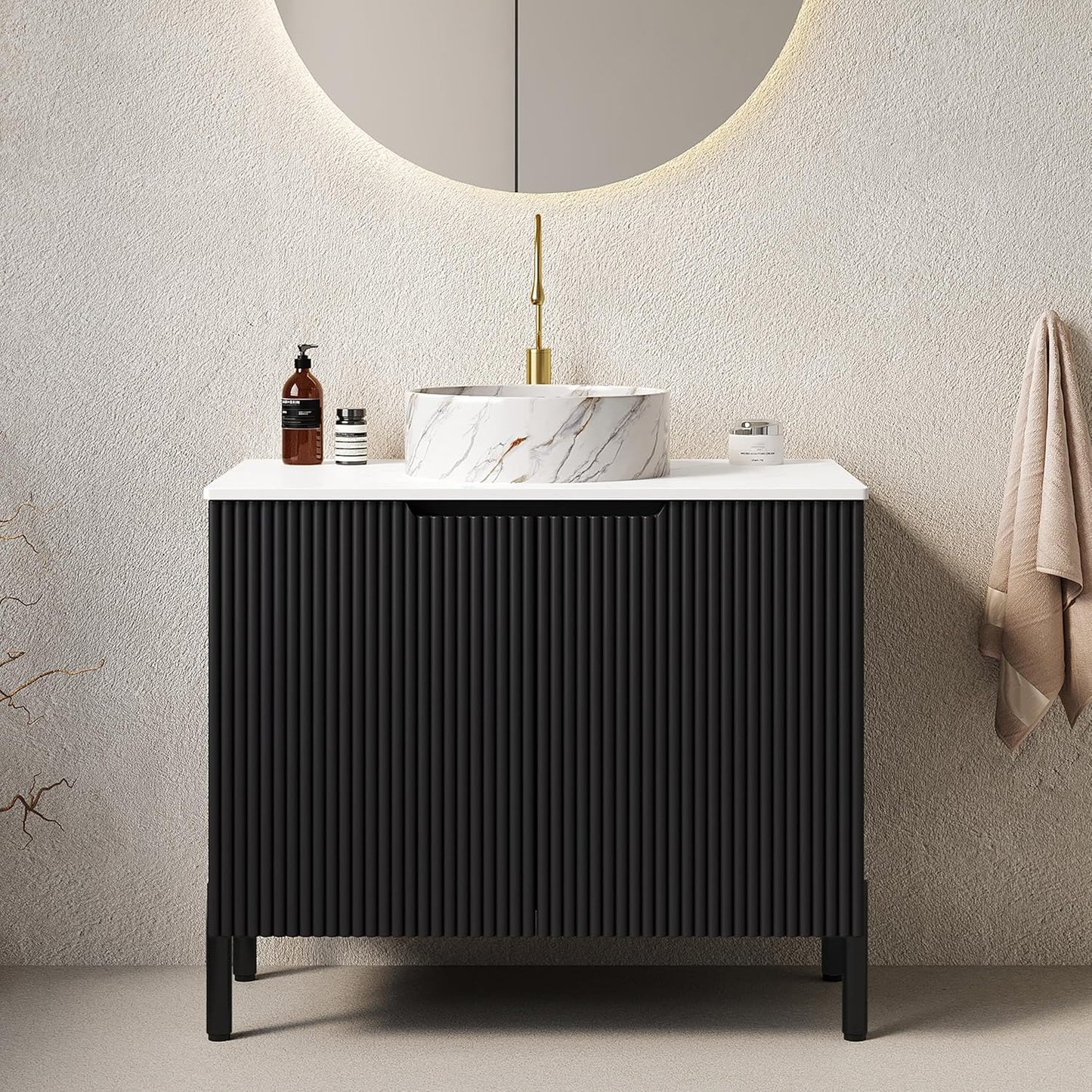 48" Black Bathroom Vanity with Sink, Freestanding Modern Bathroom Vanity with 3 Doors and Open Shelf, Black Rectangular Ceramic Basin and White Sintered Stone Counter Top
