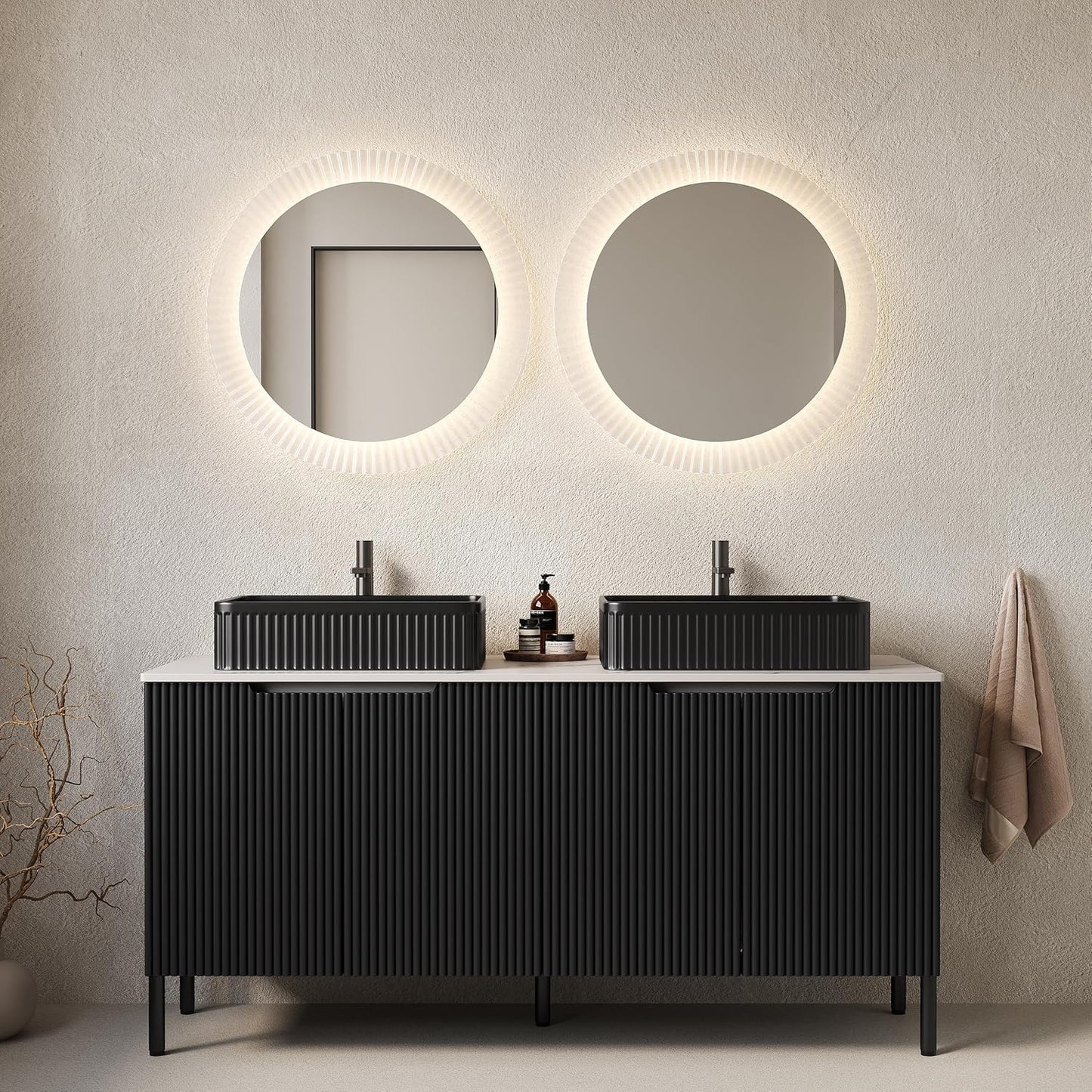 48" Black Bathroom Vanity with Sink, Freestanding Modern Bathroom Vanity with 3 Doors and Open Shelf, Black Rectangular Ceramic Basin and White Sintered Stone Counter Top