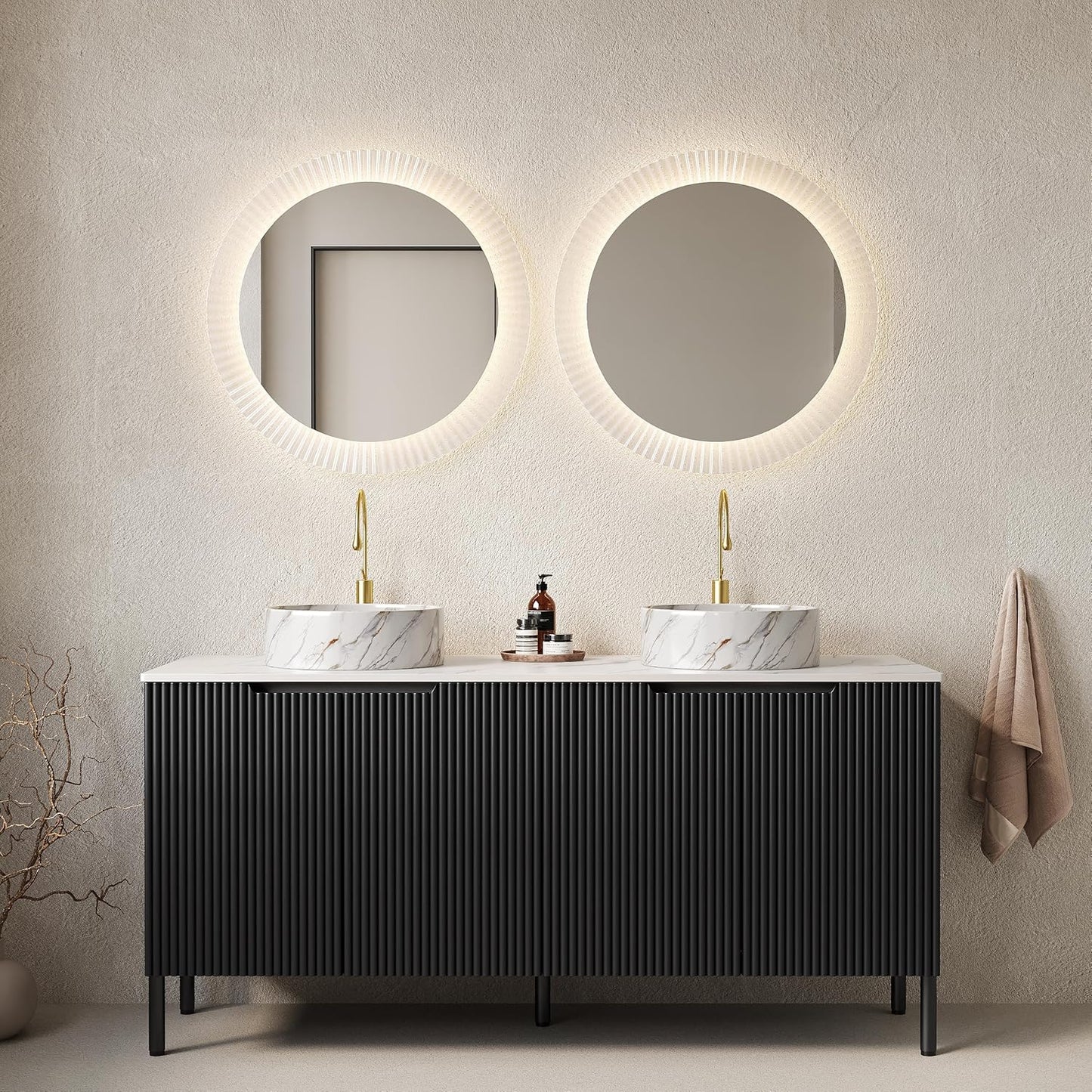 48" Black Bathroom Vanity with Sink, Freestanding Modern Bathroom Vanity with 3 Doors and Open Shelf, Black Rectangular Ceramic Basin and White Sintered Stone Counter Top