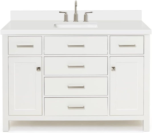 ARIEL Bristol 49" Inch White Bathroom Vanity, Center Rectangle Sink, 1.5" Inch Edge Pure White Quartz Countertop, 2 Soft-Closing Doors & 5 Dovetail Full Extension Drawers