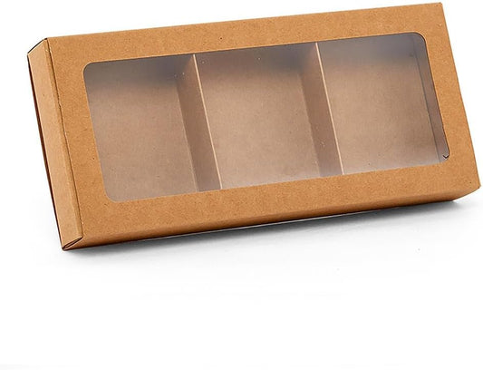 Paper Mart Soap Box with 3 Sections, 100 Pack, Slide Open Kraft Boxes with Clear Window, 9 x 4 x 1 ¼ Inch Small Gift Boxes