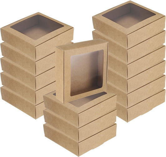 uxcell 60Pcs Kraft Soap Boxes, 4.1 x 4.1 x 1.2Inch Mini Kraft Treat Box with Clear Window for Candy Cookie Gift Party Festival Favor Treats Packaging (Brown)