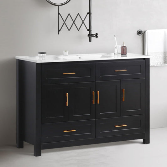 KEIKI 48" Bathroom Vanity with Ceramic Sink, Single Sink Cabinet with 4 Drawers & 4 Soft-Close Doors, Modern Wood Storage Vanity for Bathroom, Black